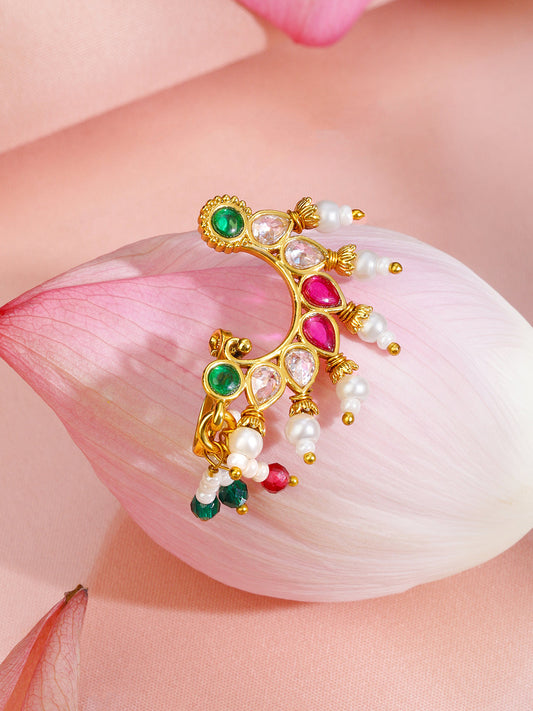 Rubans 18K Gold-Plated Ruby Pink White & Emerald Green Stone Crescent Nath with Pearl Drops â€“ Non-Pierced Clip-On フリーサイズ