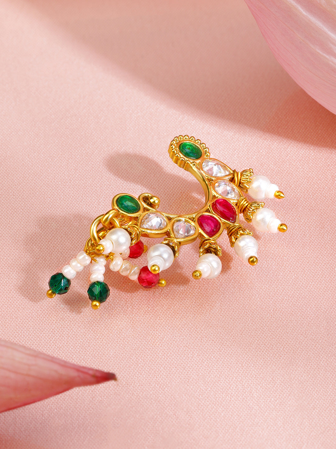 Rubans 18K Gold-Plated Ruby Pink White & Emerald Green Stone Crescent Nath with Pearl Drops â€“ Non-Pierced Clip-On フリーサイズ