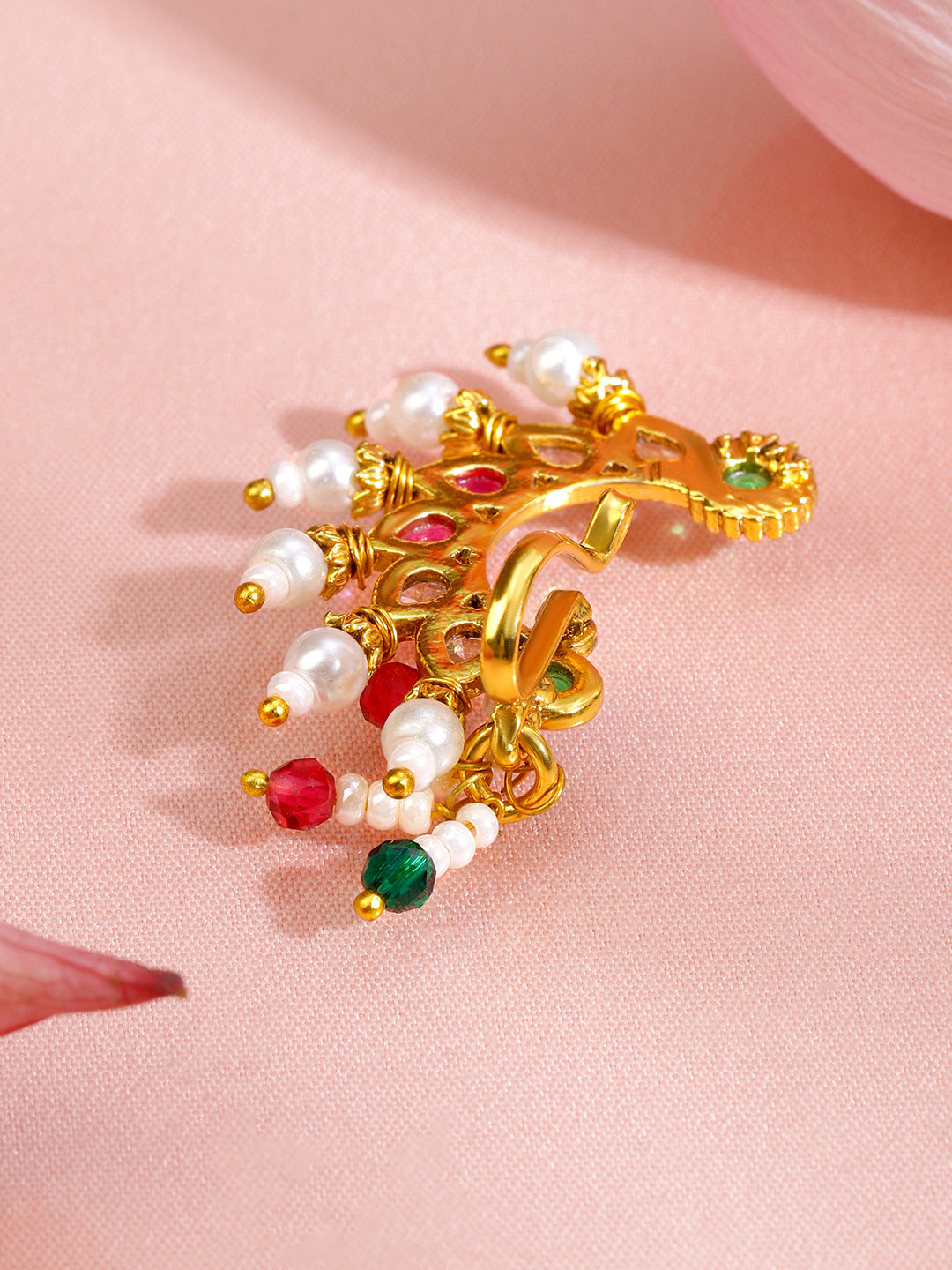 Rubans 18K Gold-Plated Ruby Pink White & Emerald Green Stone Crescent Nath with Pearl Drops â€“ Non-Pierced Clip-On フリーサイズ