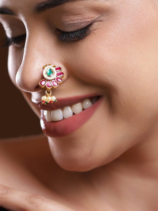 Rubans 18K Gold-Plated Ruby Pink & Emerald Green Floral Nath with Pearl Beads â€“ Non-Pierced Clip-On Nose Pin フリーサイズ