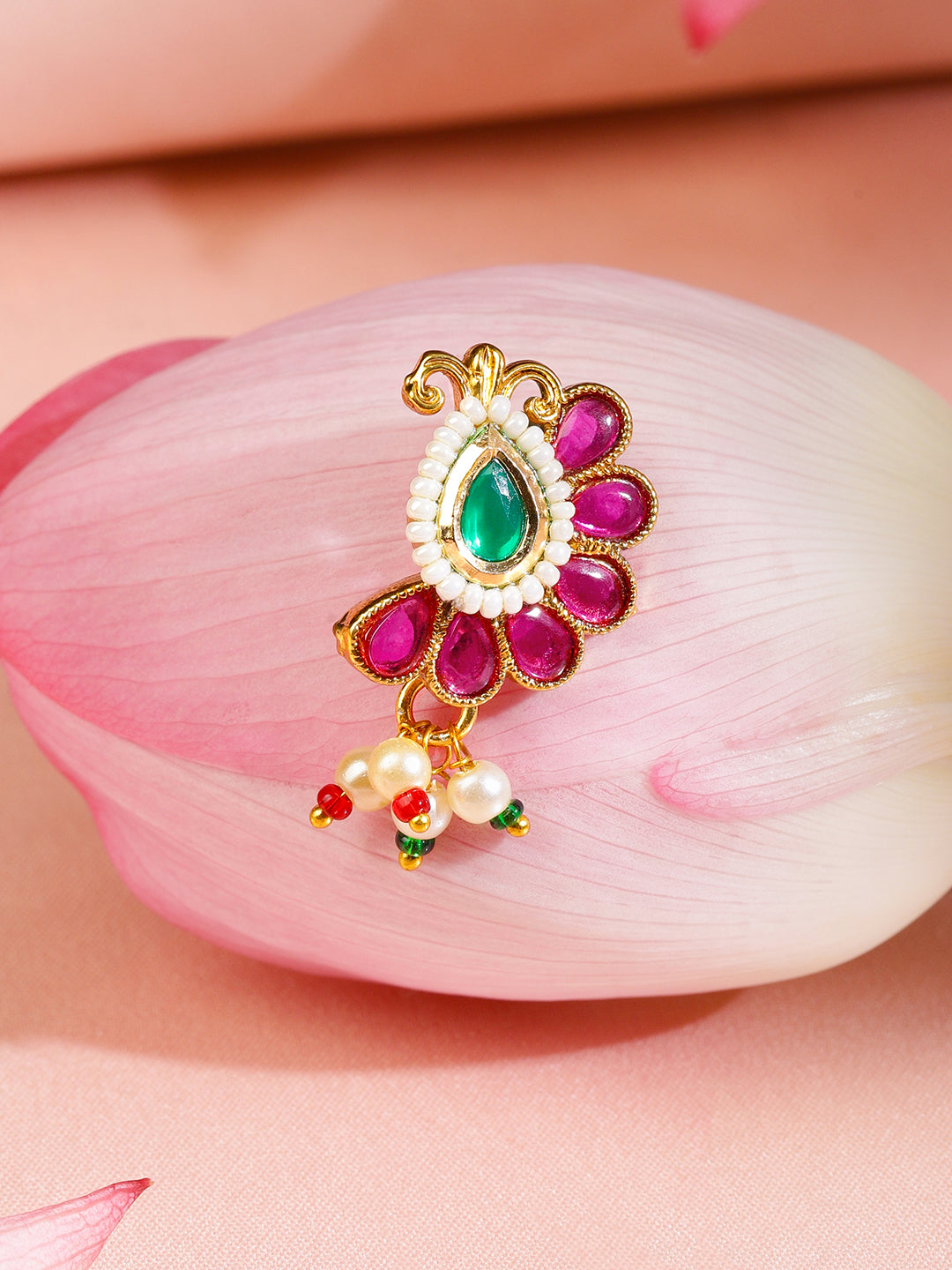 Rubans 18K Gold-Plated Ruby Pink & Emerald Green Floral Nath with Pearl Beads â€“ Non-Pierced Clip-On Nose Pin フリーサイズ