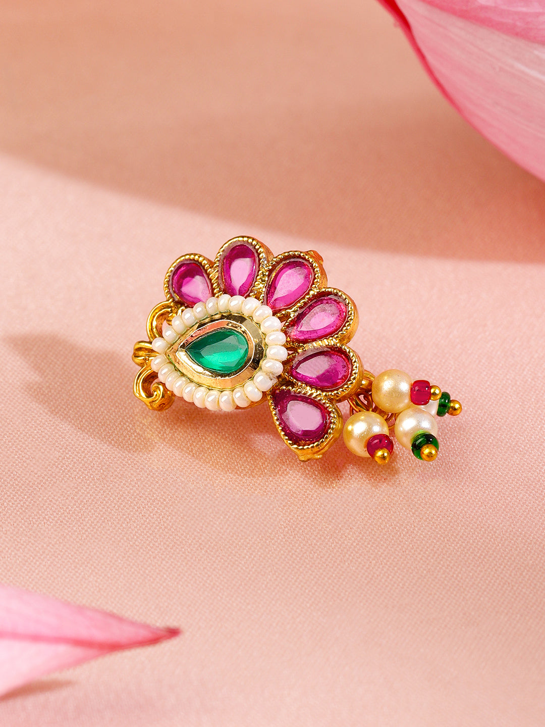 Rubans 18K Gold-Plated Ruby Pink & Emerald Green Floral Nath with Pearl Beads â€“ Non-Pierced Clip-On Nose Pin フリーサイズ