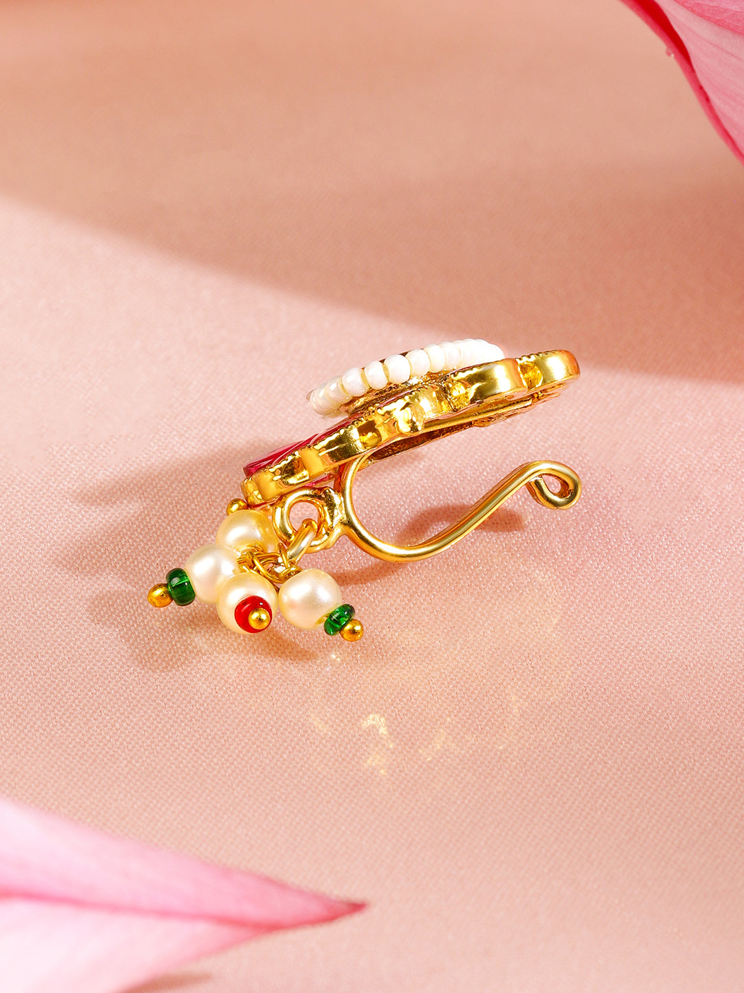 Rubans 18K Gold-Plated Ruby Pink & Emerald Green Floral Nath with Pearl Beads â€“ Non-Pierced Clip-On Nose Pin フリーサイズ