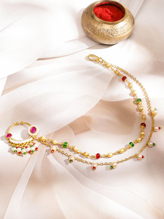Rubans 18K Gold-Plated Ruby Kundan Studded Multi-Colour Pearl Bead Triple-Layer Chain Nath Nosepin フリーサイズ