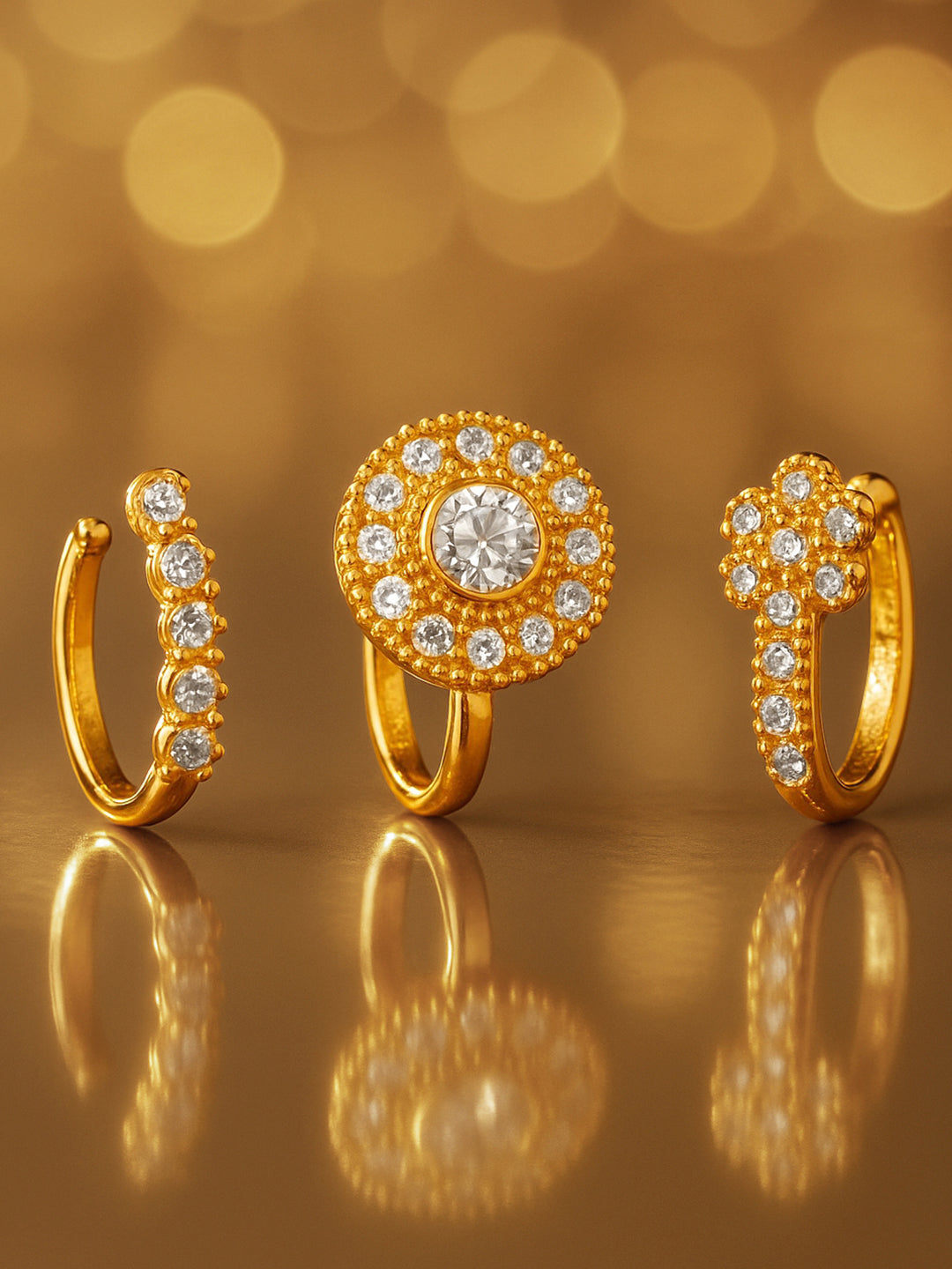 Rubans Set of 3 18K Gold-Plated Adjustable Nose Pins with Cubic Zirconia Detailing フリーサイズ
