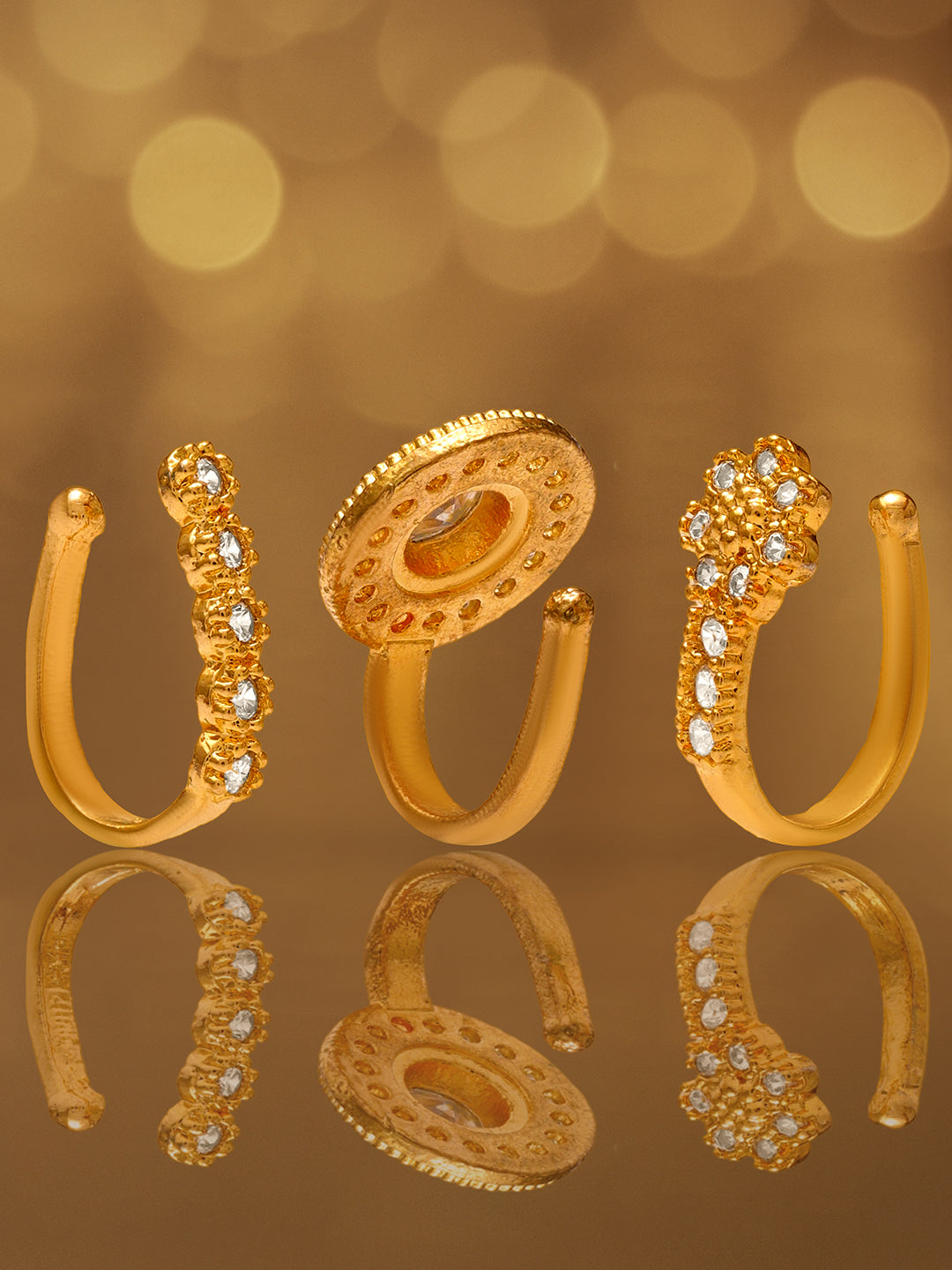 Rubans Set of 3 18K Gold-Plated Adjustable Nose Pins with Cubic Zirconia Detailing フリーサイズ