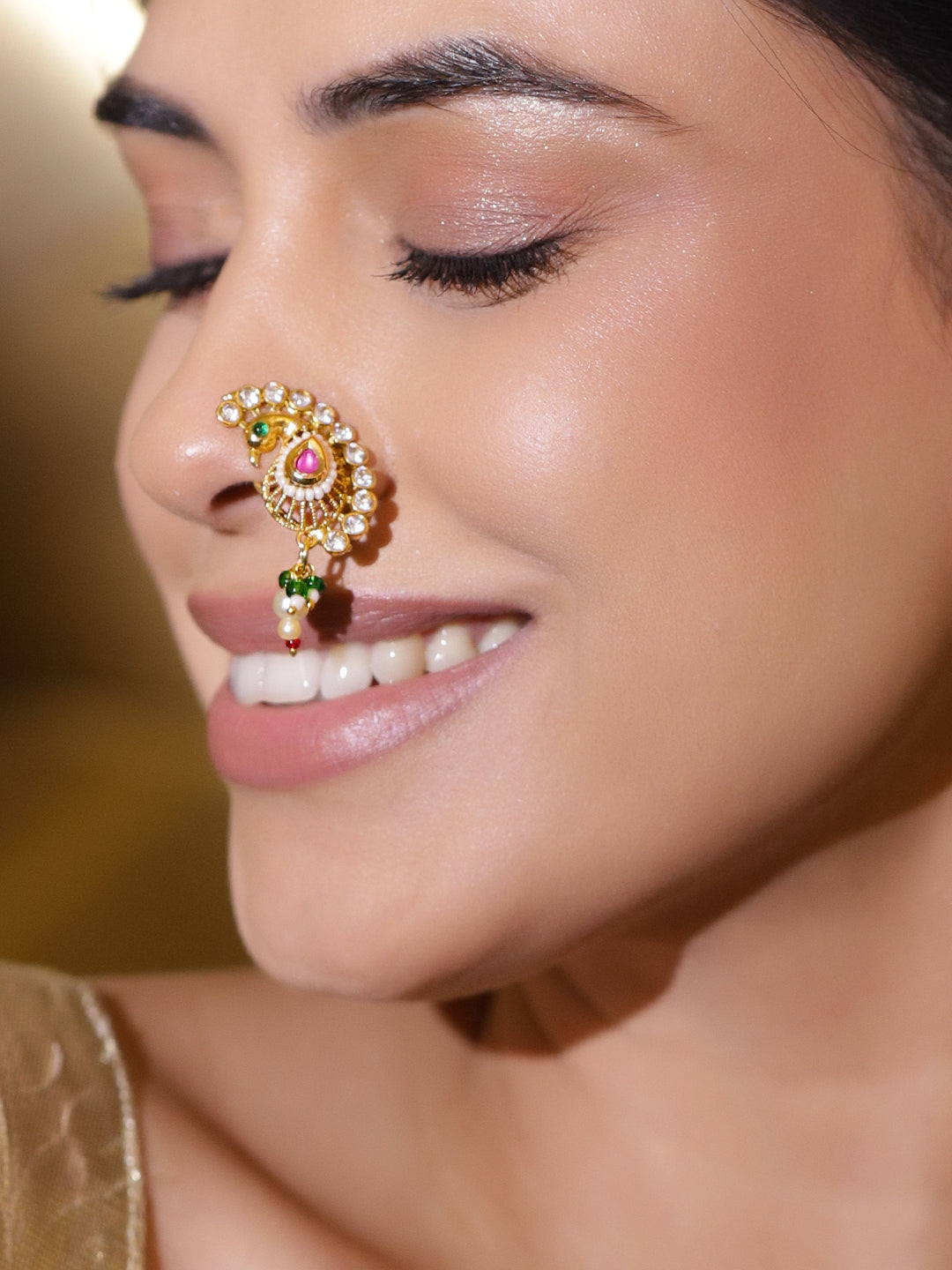 Rubans 22K Gold-Plated Kundan Studded Stud Nosepin フリーサイズ