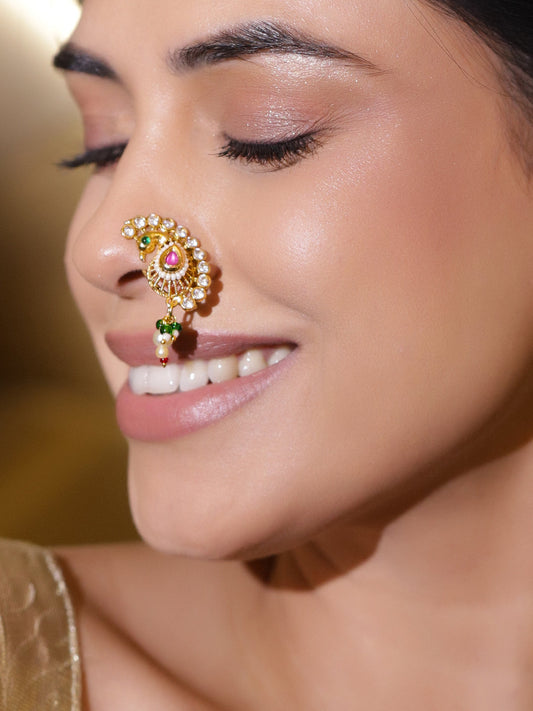 Rubans 22K Gold-Plated Kundan Studded Stud Nosepin フリーサイズ