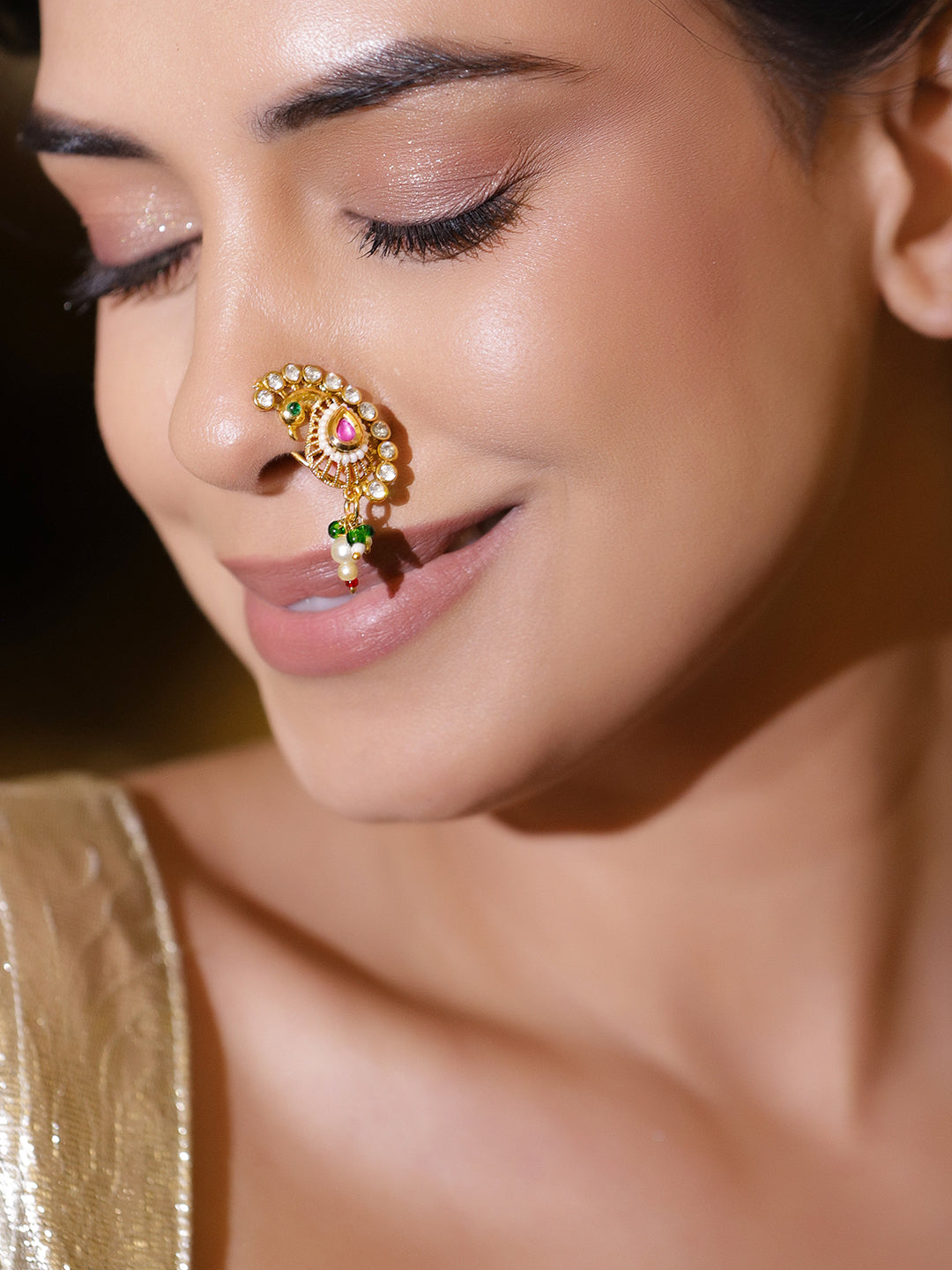 Rubans 22K Gold-Plated Kundan Studded Stud Nosepin フリーサイズ
