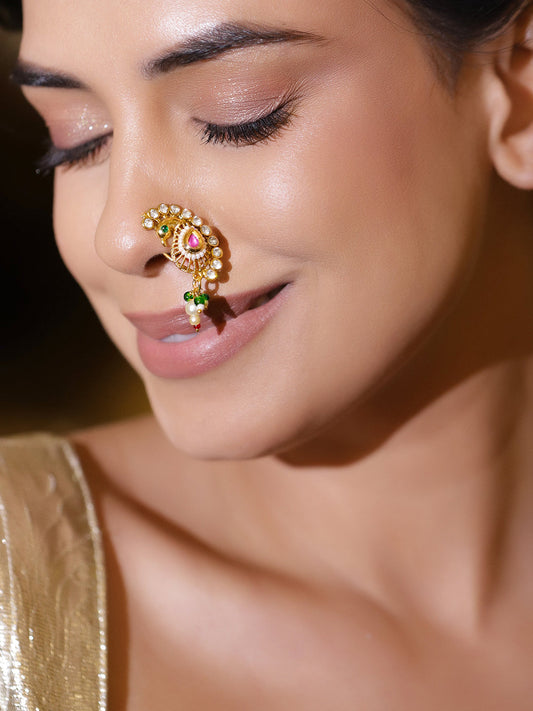 Rubans 22K Gold-Plated Kundan Studded Stud Nosepin フリーサイズ