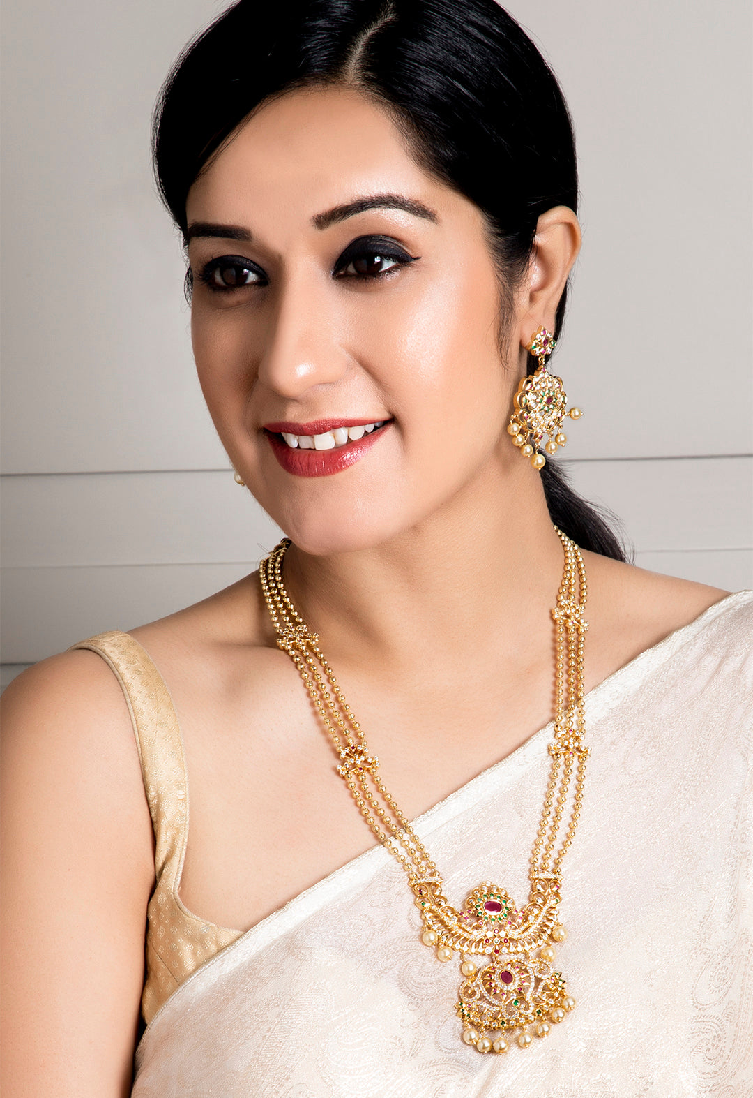Rubans Gold Plated Hand Crafted Eligant Mutlti -Strand Temple Necklace Set Multicolor