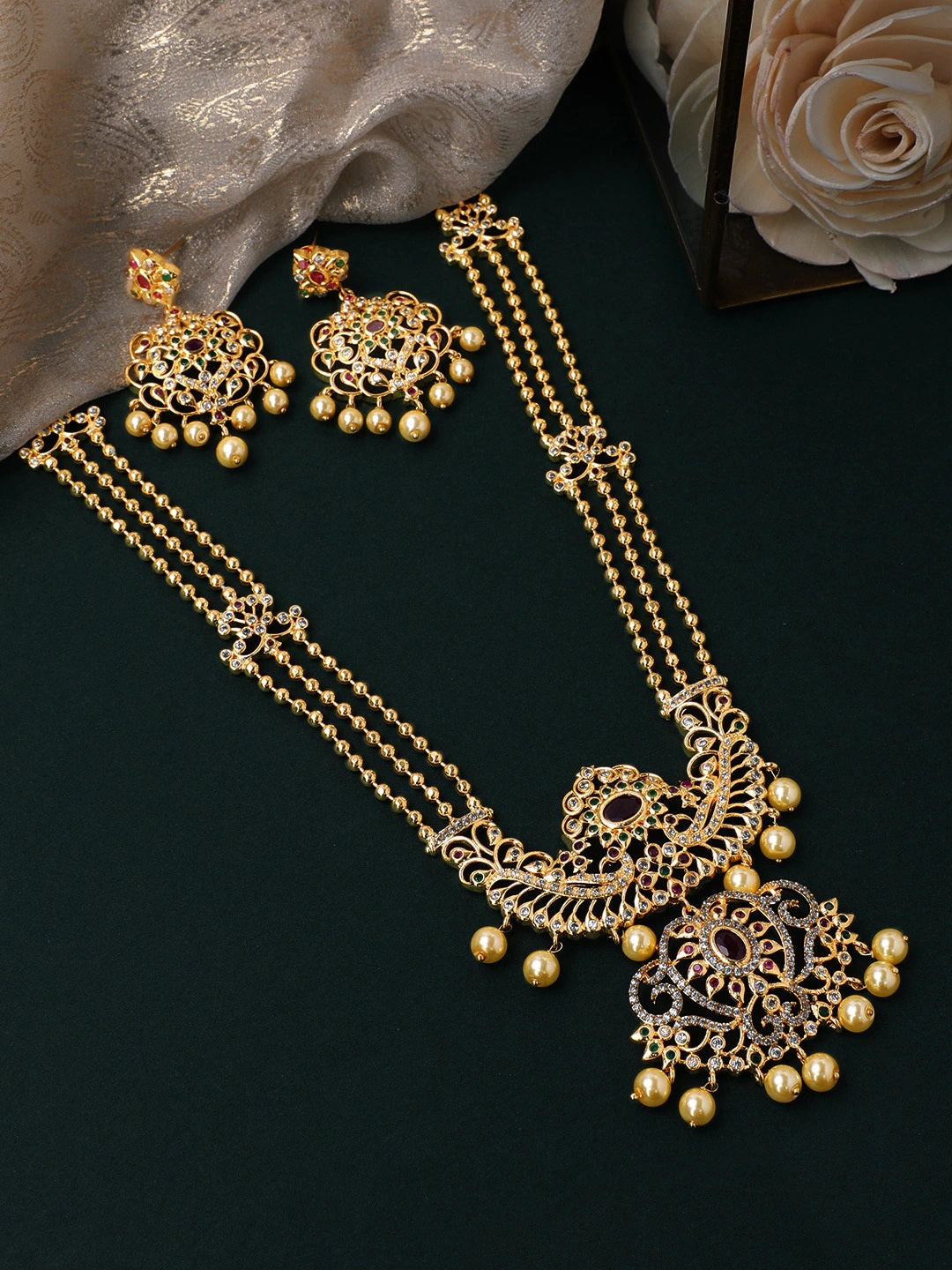 Rubans Gold Plated Hand Crafted Eligant Mutlti -Strand Temple Necklace Set Multicolor