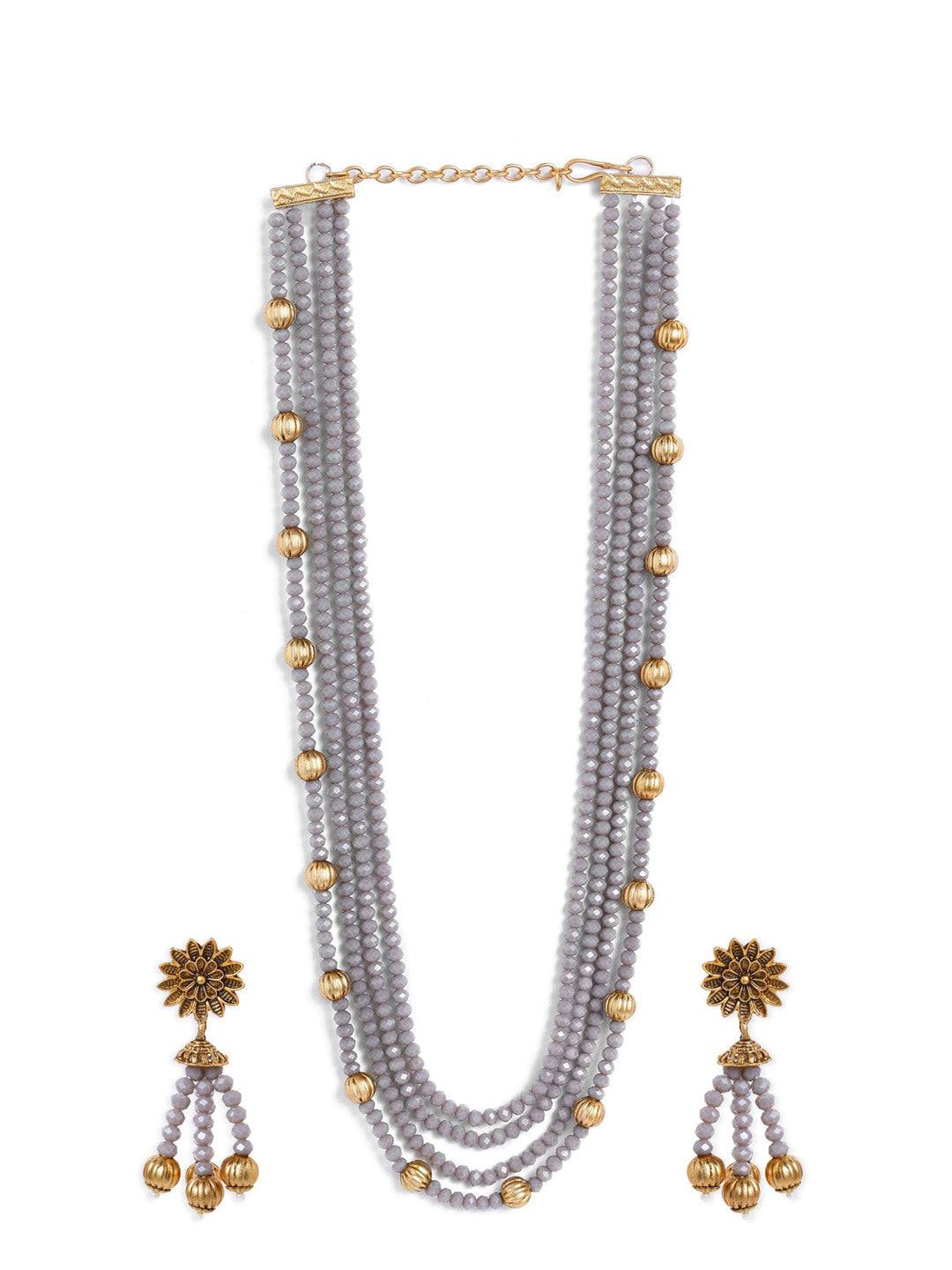 Rubans Gold Plated Crystal Beads Embellished Statement Necklace Set Grey