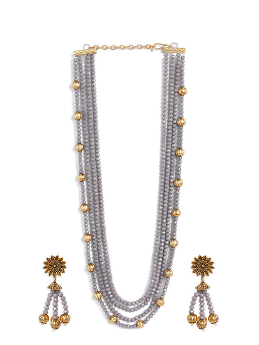Rubans Gold Plated Crystal Beads Embellished Statement Necklace Set Grey