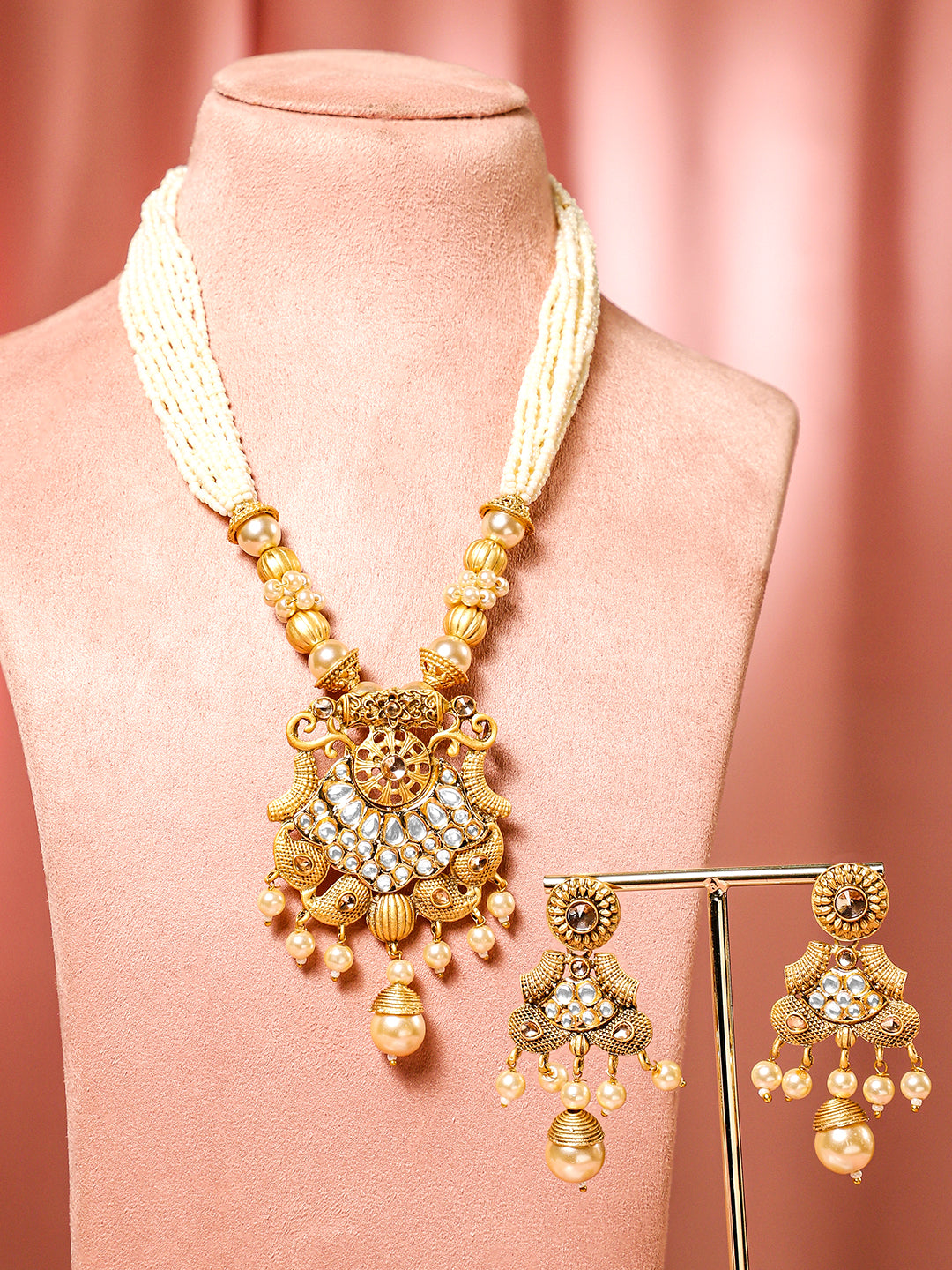 Rubans 22K Gold-Plated White Kundan & Pearl Studded and Beaded Multi-Strand Necklace Set Gold