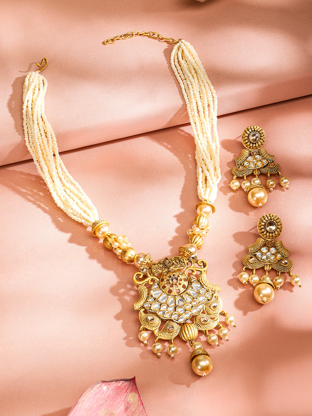 Rubans 22K Gold-Plated White Kundan & Pearl Studded and Beaded Multi-Strand Necklace Set Gold