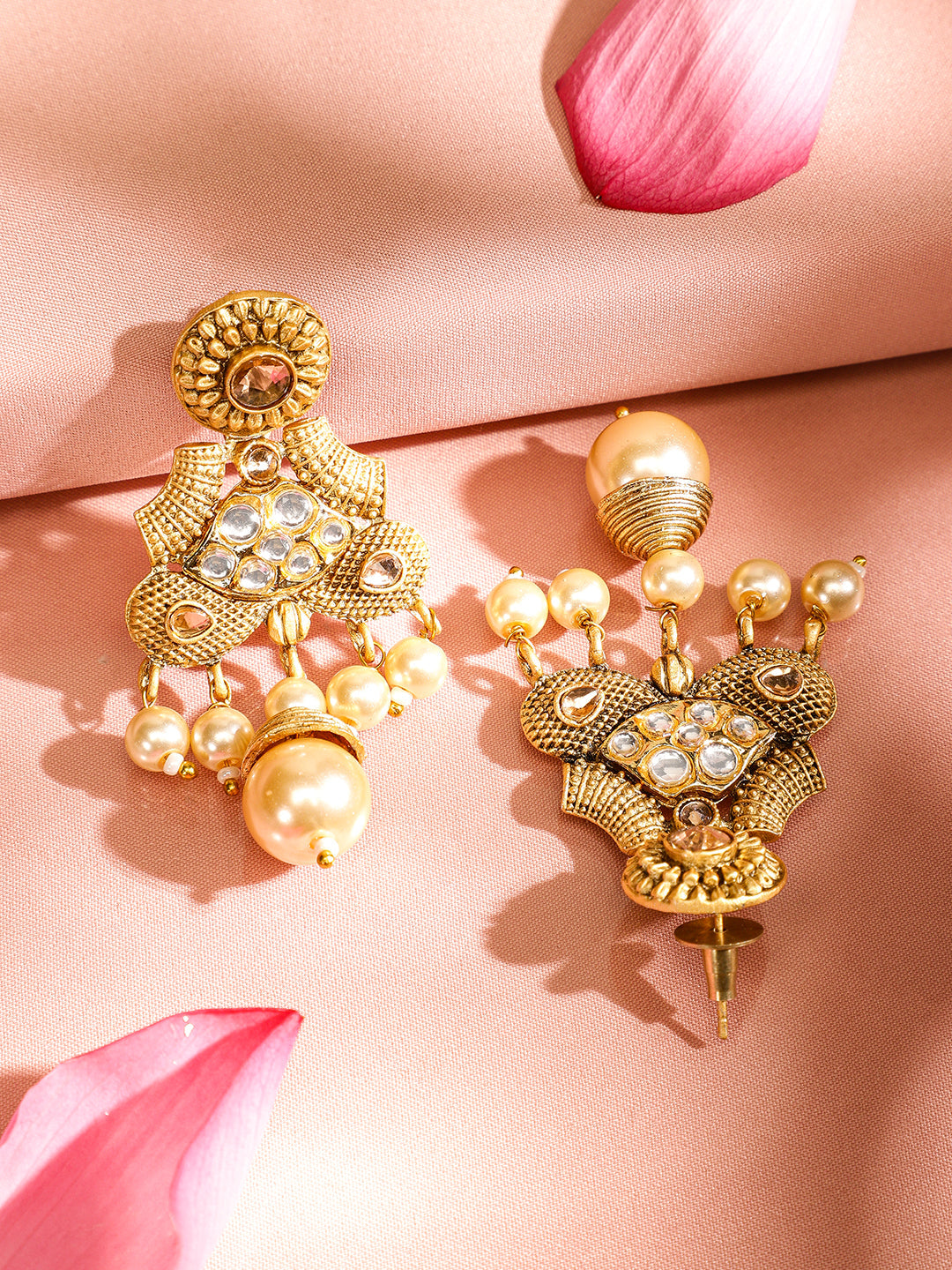 Rubans 22K Gold-Plated White Kundan & Pearl Studded and Beaded Multi-Strand Necklace Set Gold