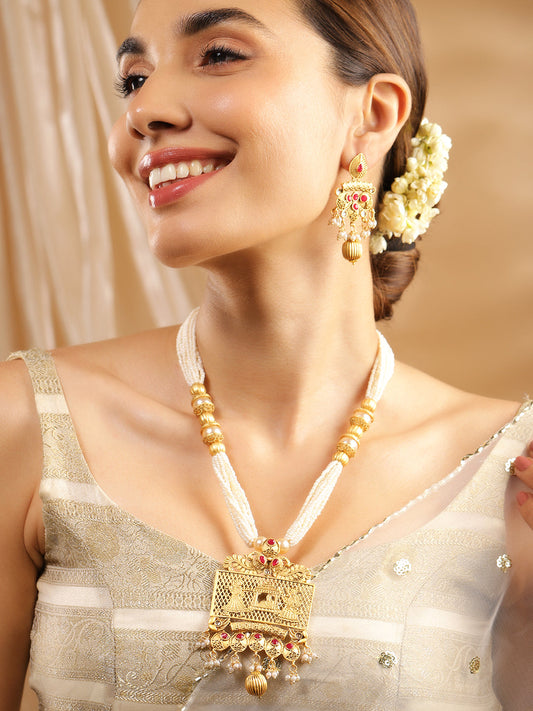 Rubans 22K Gold-Plated Ruby & White Pearl Beaded Multistrand Temple Motif Jewellery Set Gold