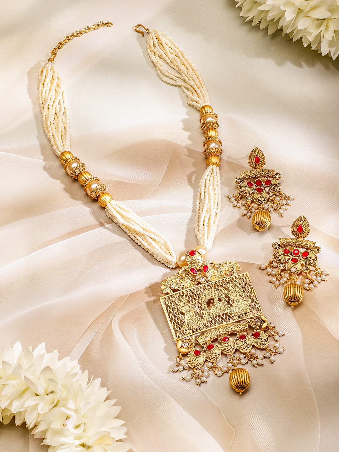 Rubans 22K Gold-Plated Ruby & White Pearl Beaded Multistrand Temple Motif Jewellery Set Gold
