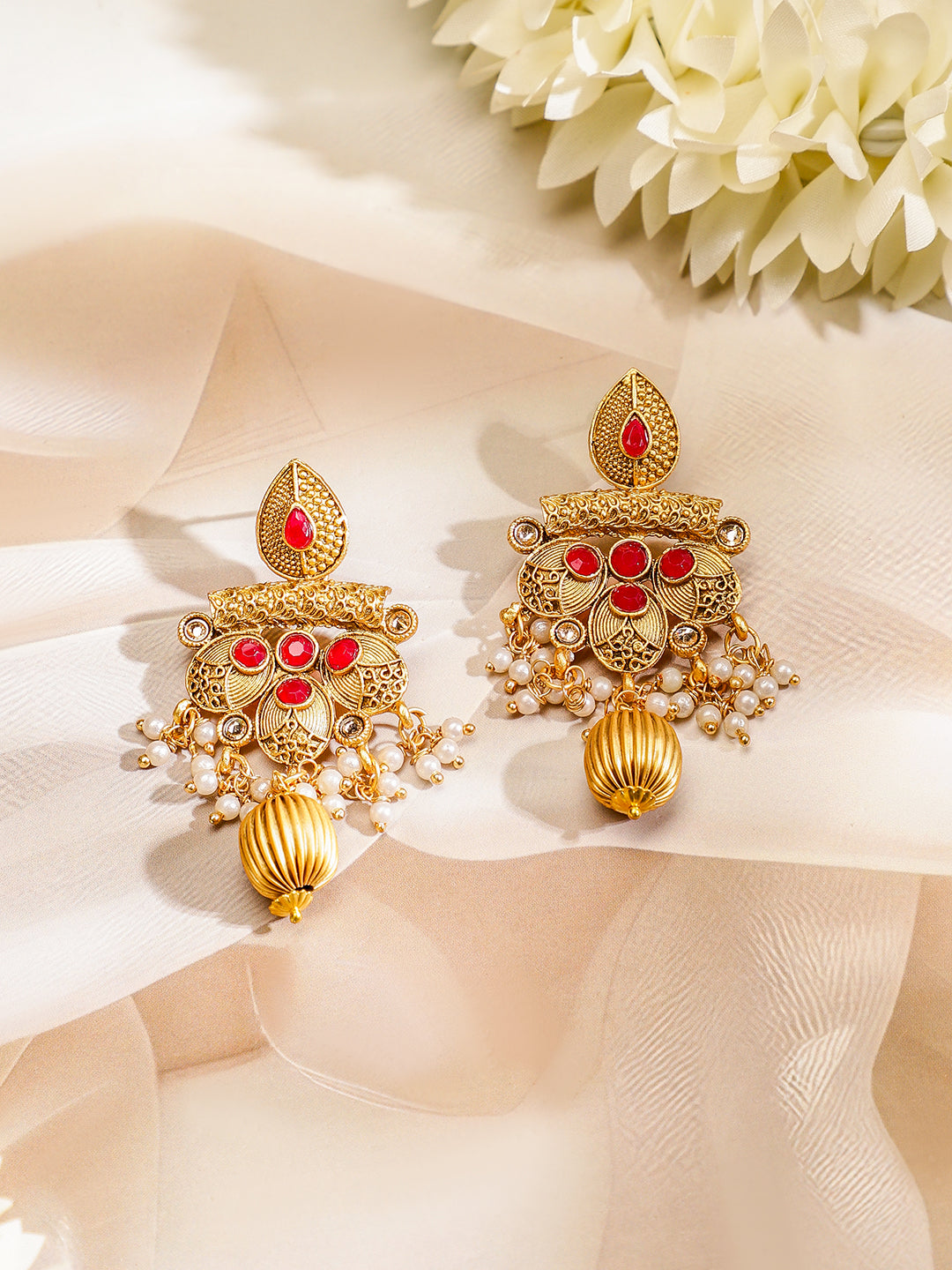 Rubans 22K Gold-Plated Ruby & White Pearl Beaded Multistrand Temple Motif Jewellery Set Gold