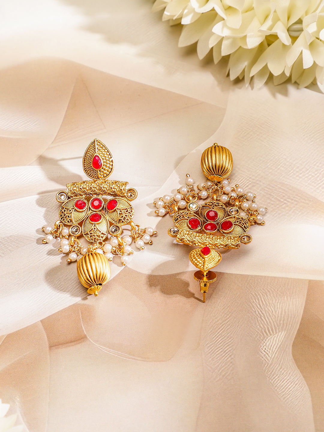 Rubans 22K Gold-Plated Ruby & White Pearl Beaded Multistrand Temple Motif Jewellery Set Gold