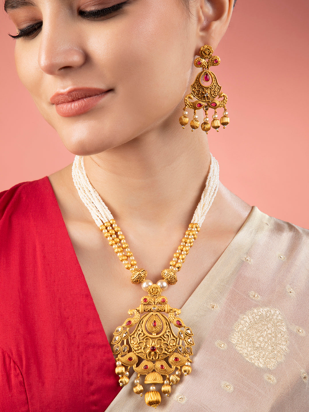 Rubans 24K Gold Plated Ruby Studded Golden & Pearl Beaded MultiStrand Temple Jewellery Set Gold
