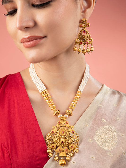 Rubans 24K Gold Plated Ruby Studded Golden & Pearl Beaded MultiStrand Temple Jewellery Set Gold