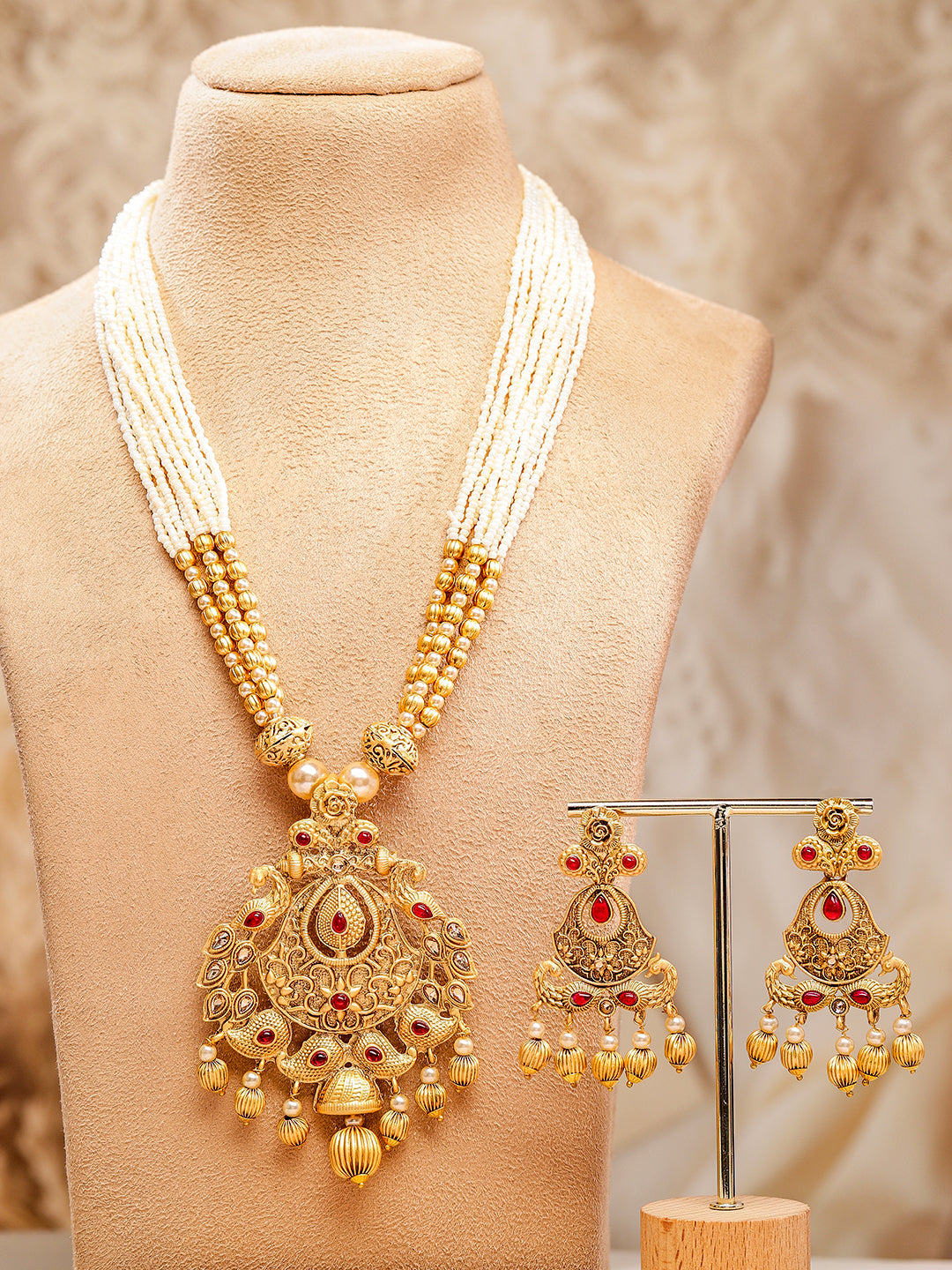 Rubans 24K Gold Plated Ruby Studded Golden & Pearl Beaded MultiStrand Temple Jewellery Set Gold