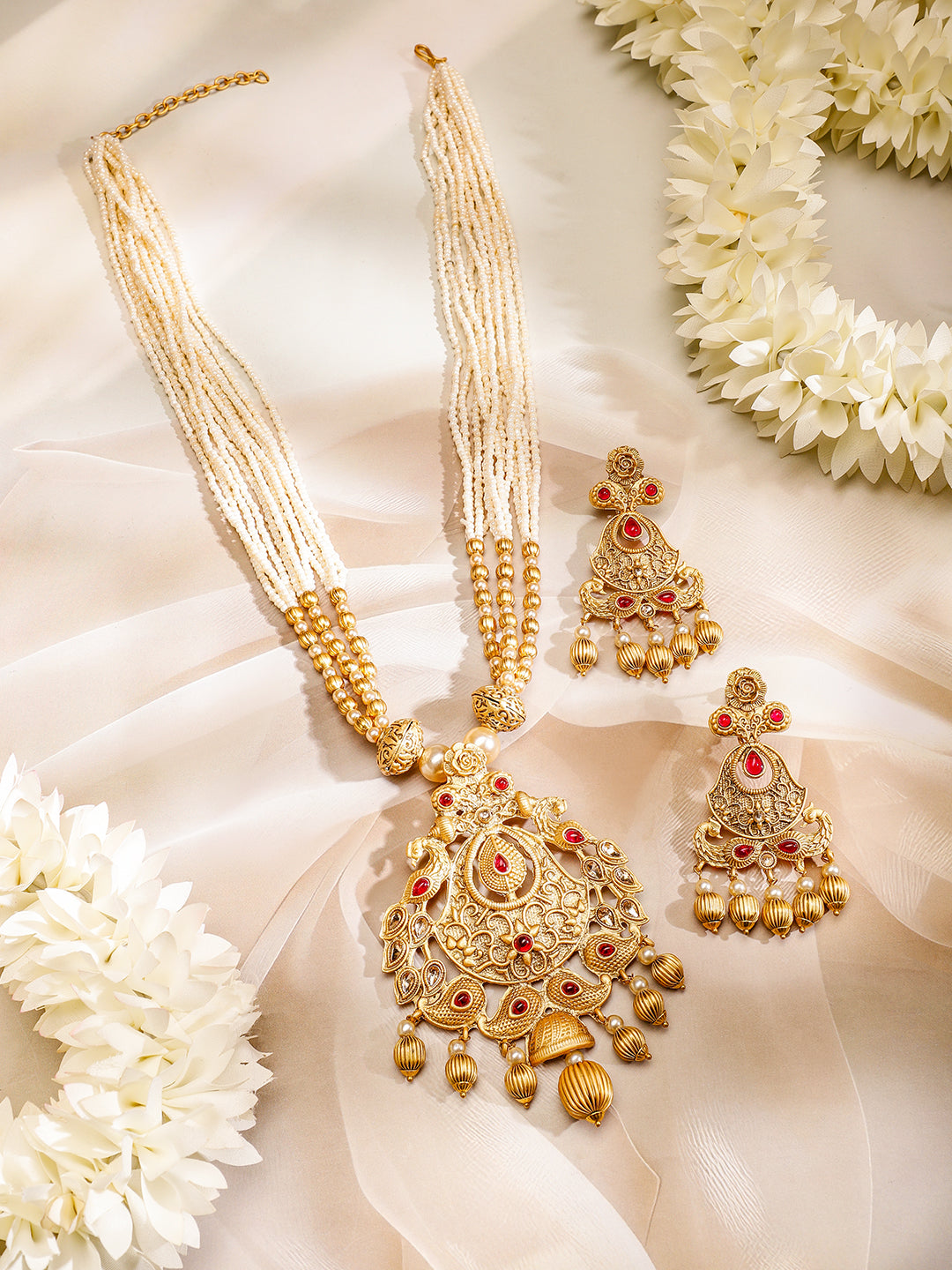Rubans 24K Gold Plated Ruby Studded Golden & Pearl Beaded MultiStrand Temple Jewellery Set Gold