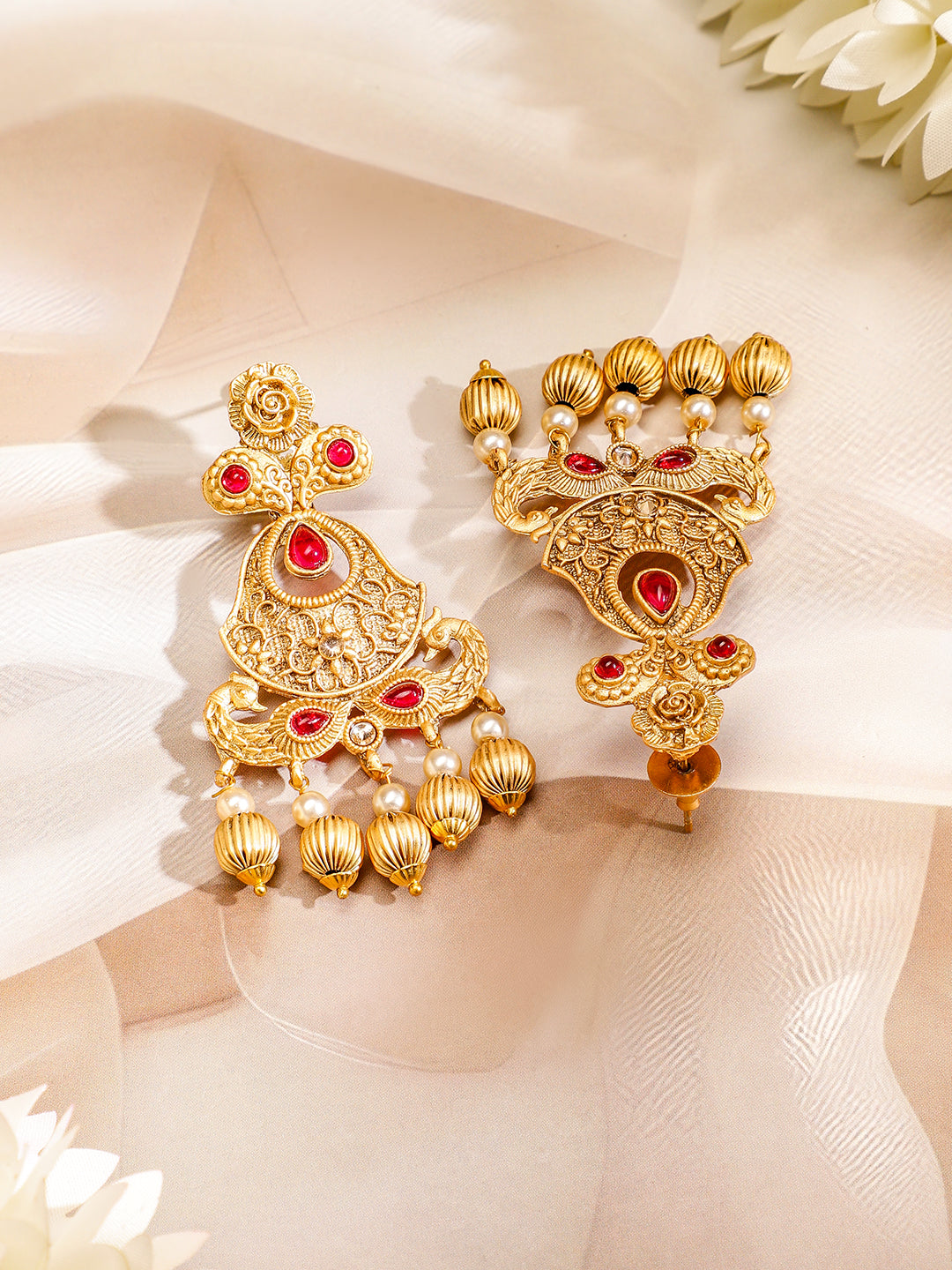 Rubans 24K Gold Plated Ruby Studded Golden & Pearl Beaded MultiStrand Temple Jewellery Set Gold