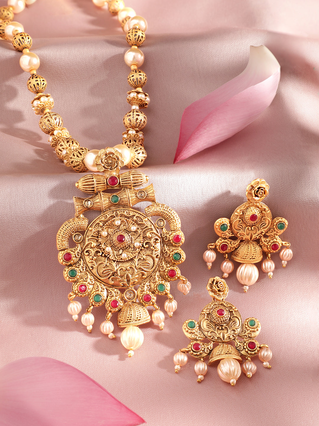 Rubans 24K Gold Plated Ruby & Emerald Stones and Pearl & Golden Beads Temple Jewelry Set Gold