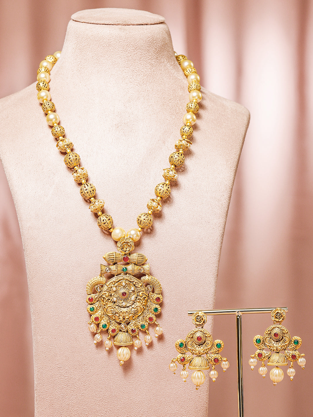 Rubans 24K Gold Plated Ruby & Emerald Stones and Pearl & Golden Beads Temple Jewelry Set Gold