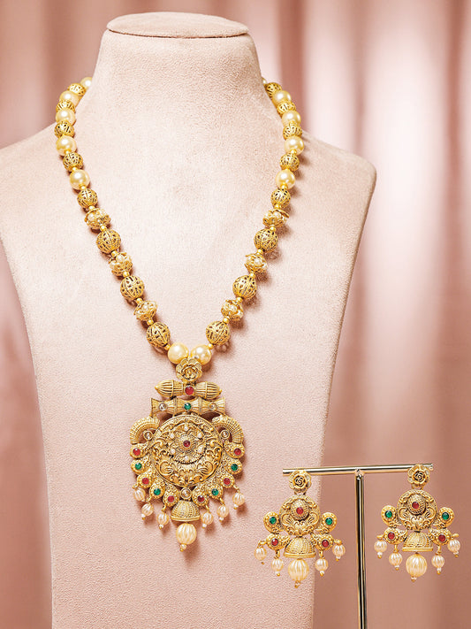 Rubans 24K Gold Plated Ruby & Emerald Stones and Pearl & Golden Beads Temple Jewelry Set Gold