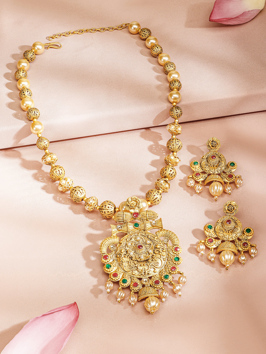 Rubans 24K Gold Plated Ruby & Emerald Stones and Pearl & Golden Beads Temple Jewelry Set Gold
