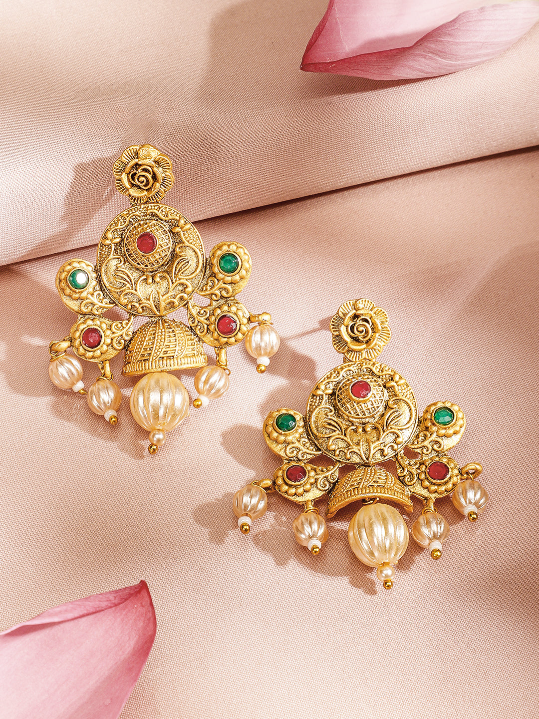 Rubans 24K Gold Plated Ruby & Emerald Stones and Pearl & Golden Beads Temple Jewelry Set Gold