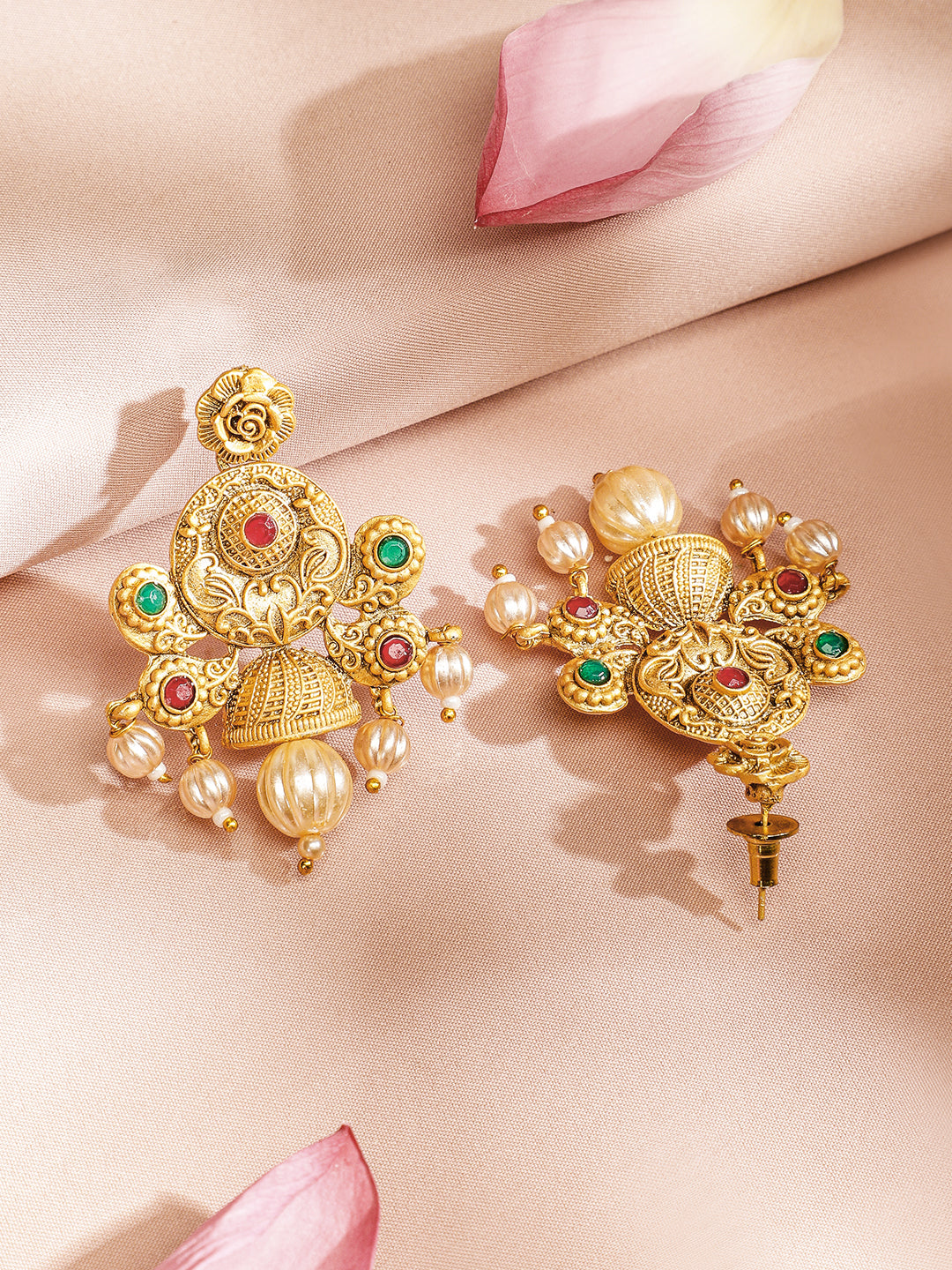 Rubans 24K Gold Plated Ruby & Emerald Stones and Pearl & Golden Beads Temple Jewelry Set Gold