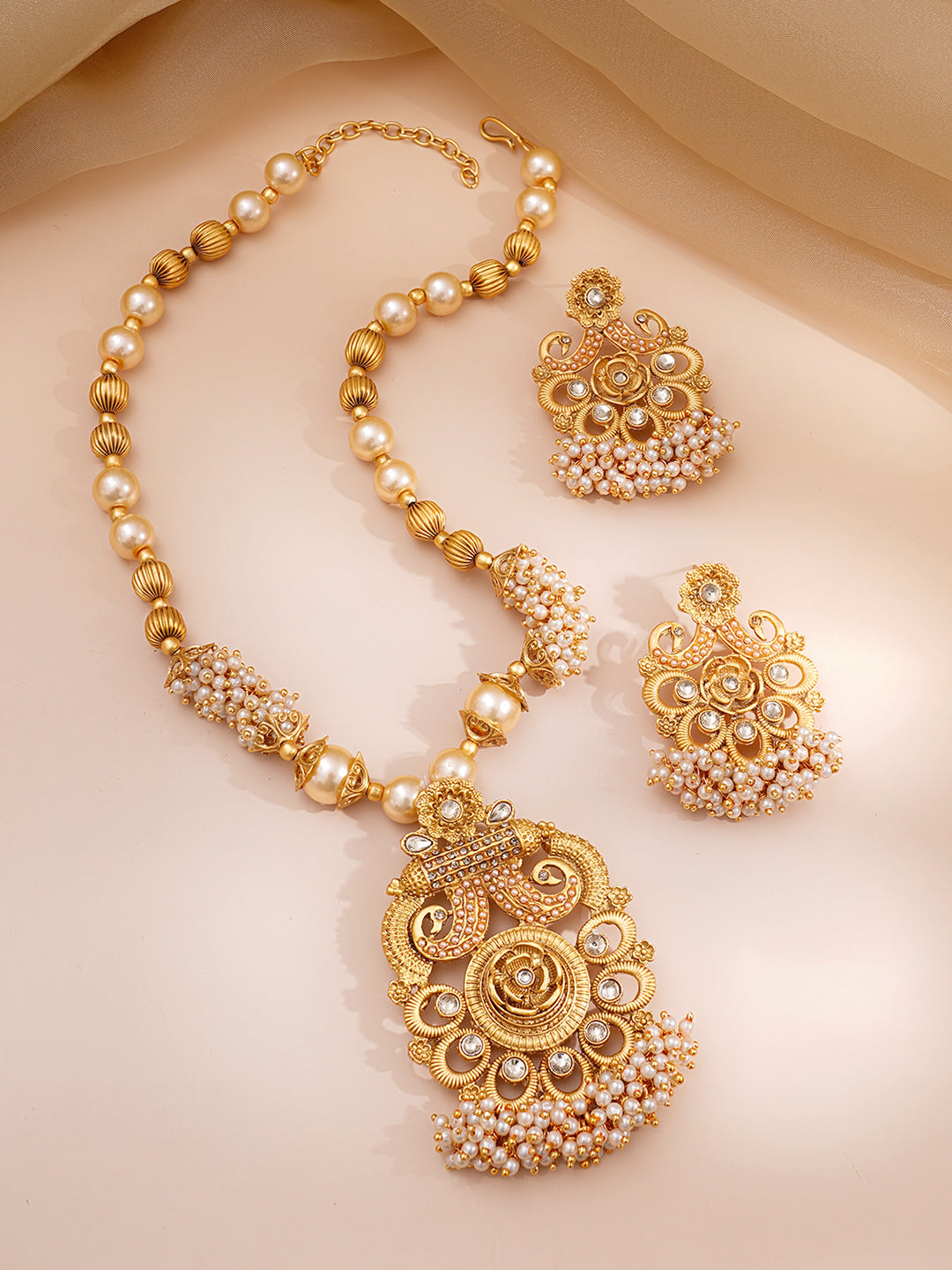 Pearl beaded Kundan Long Necklace Set Gold