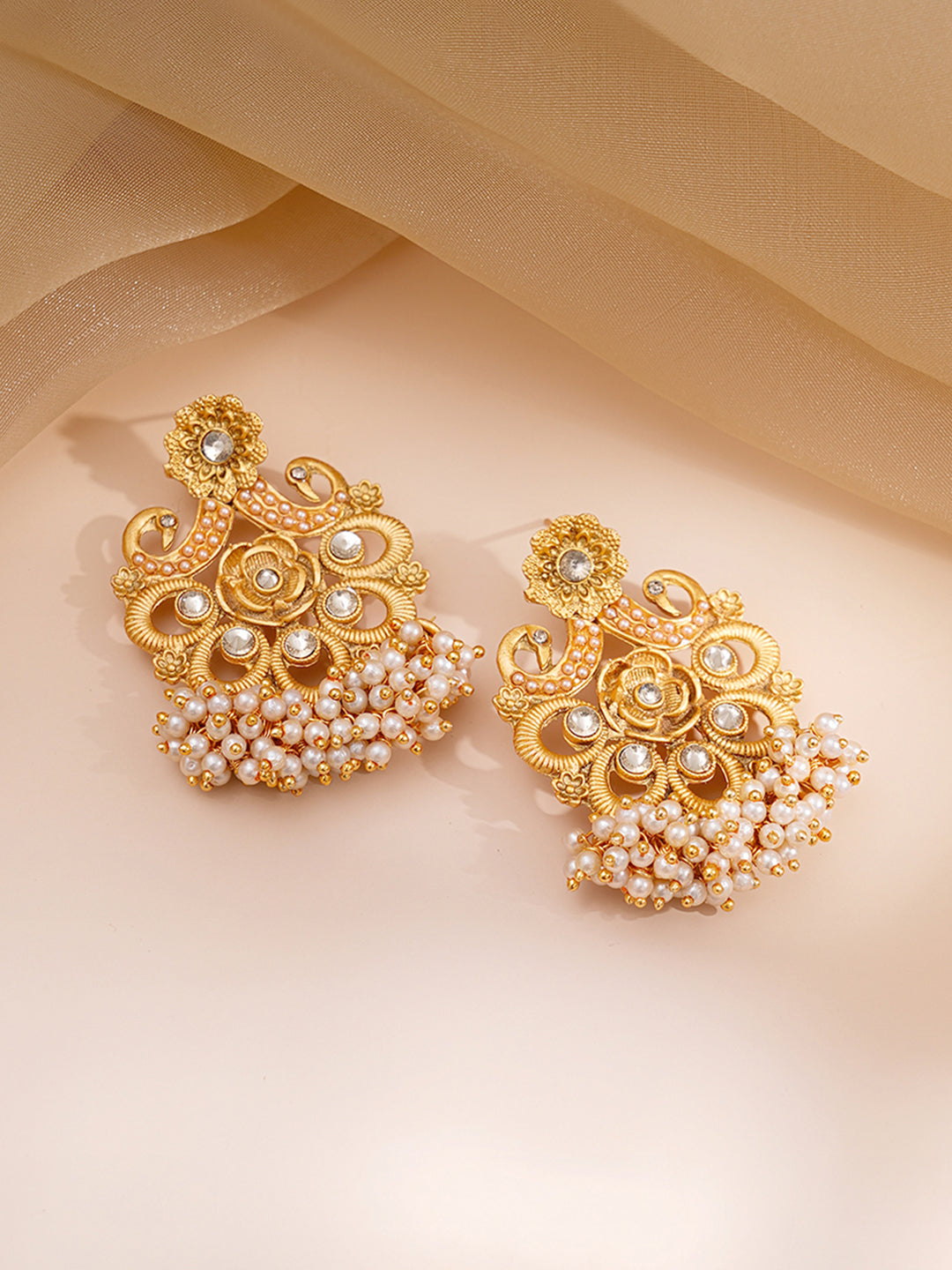 Pearl beaded Kundan Long Necklace Set Gold