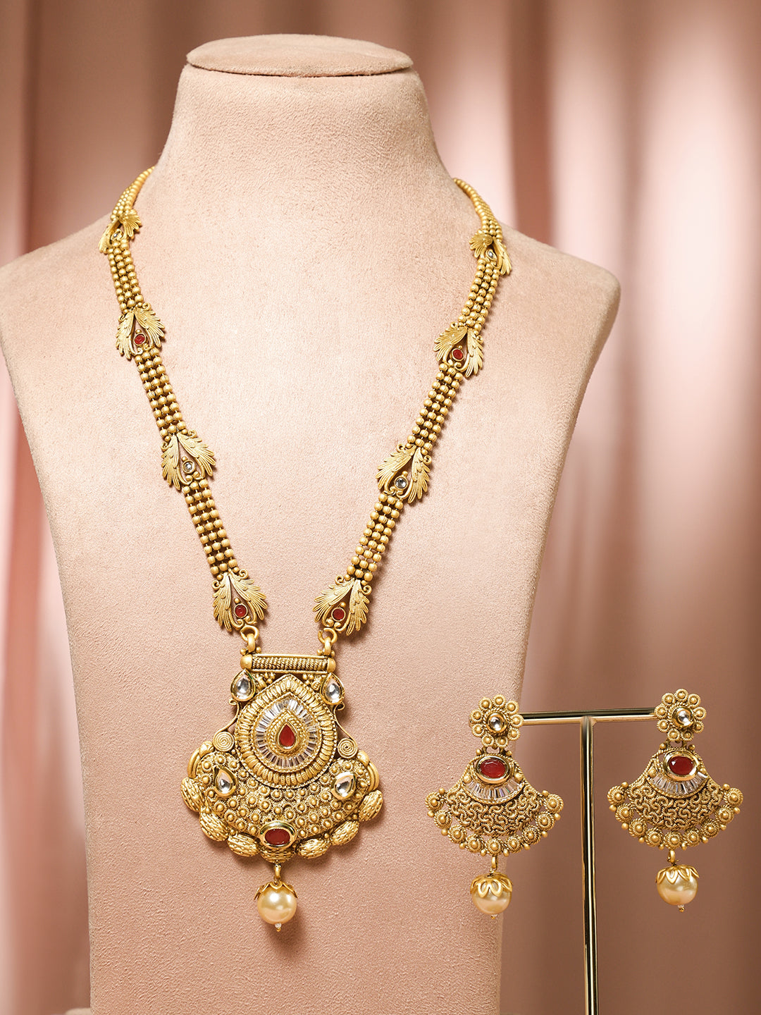 Red & White Studded Gold Beads Necklace Set Red