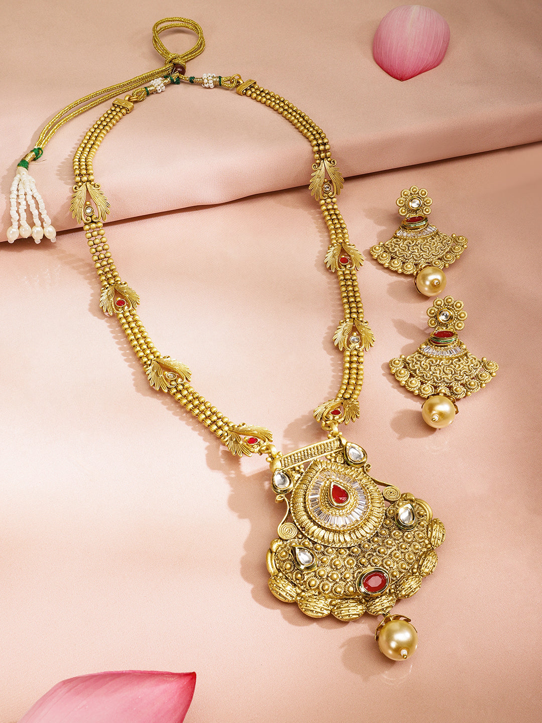 Red & White Studded Gold Beads Necklace Set Red