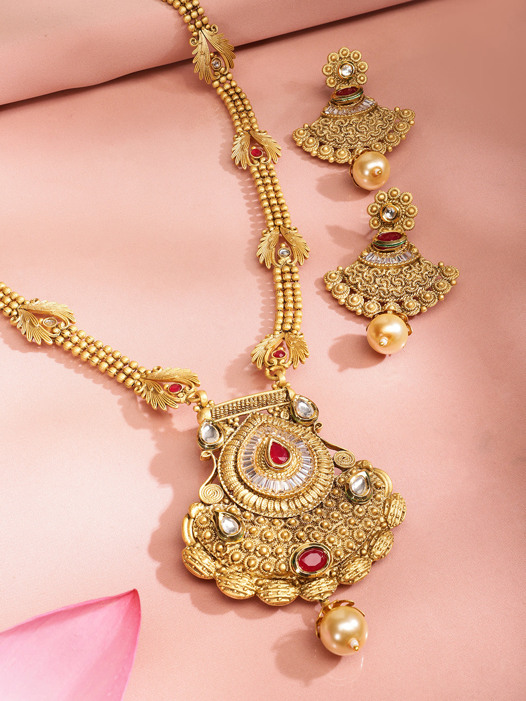 Red & White Studded Gold Beads Necklace Set Red