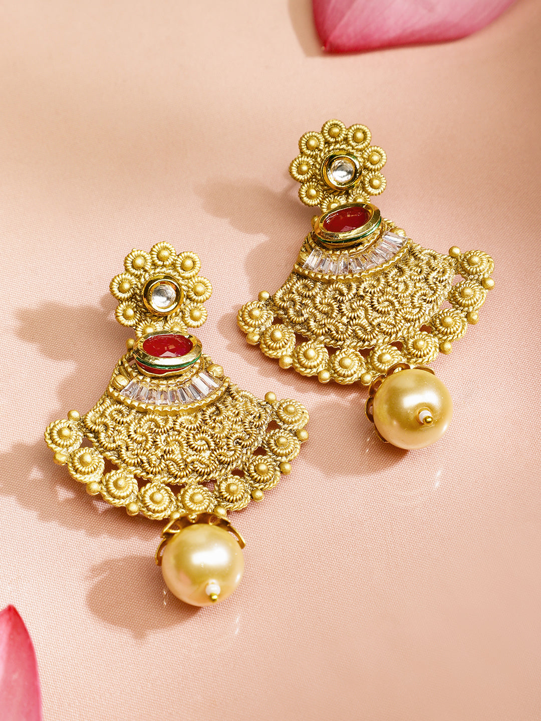 Red & White Studded Gold Beads Necklace Set Red