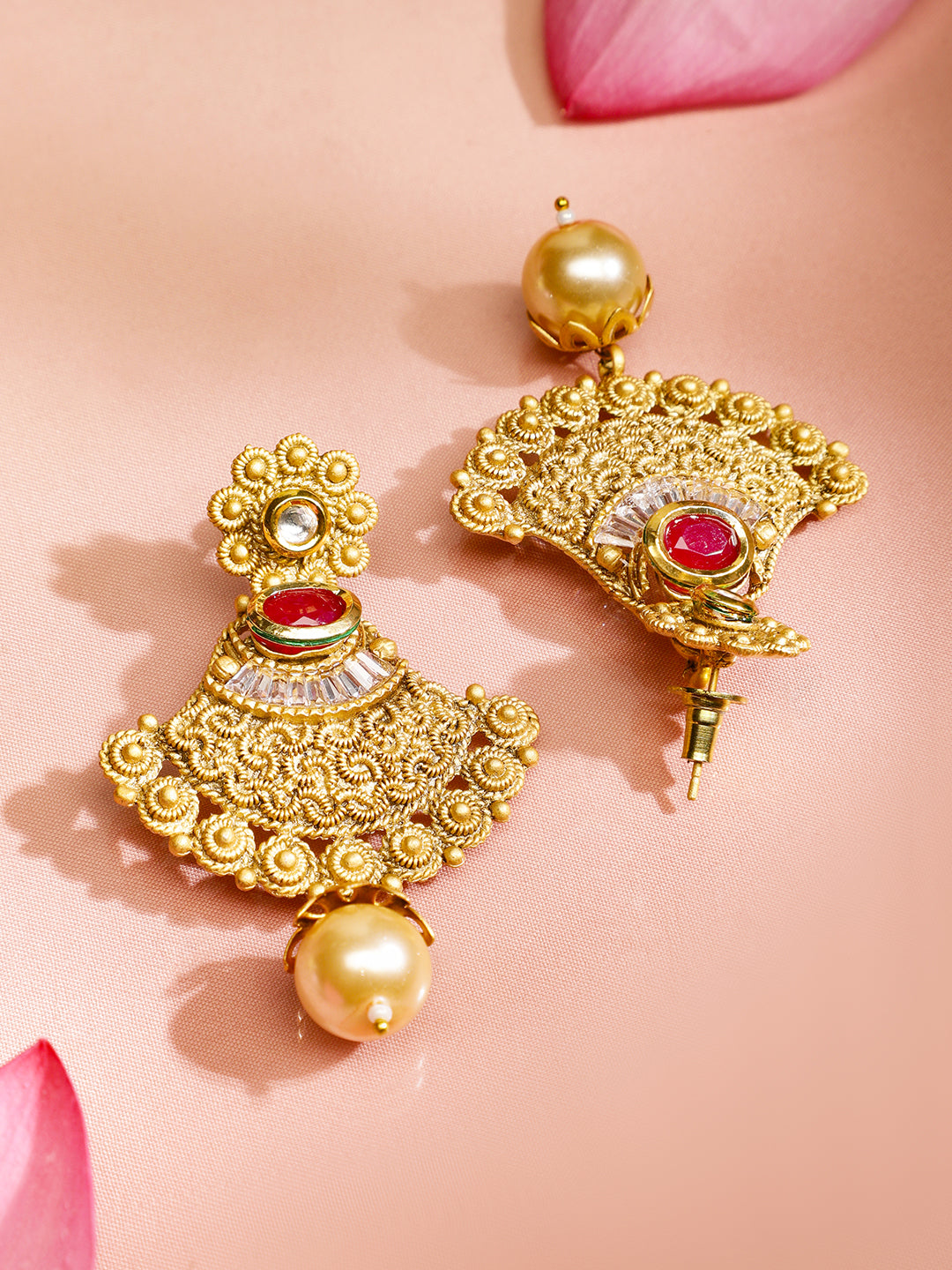 Red & White Studded Gold Beads Necklace Set Red