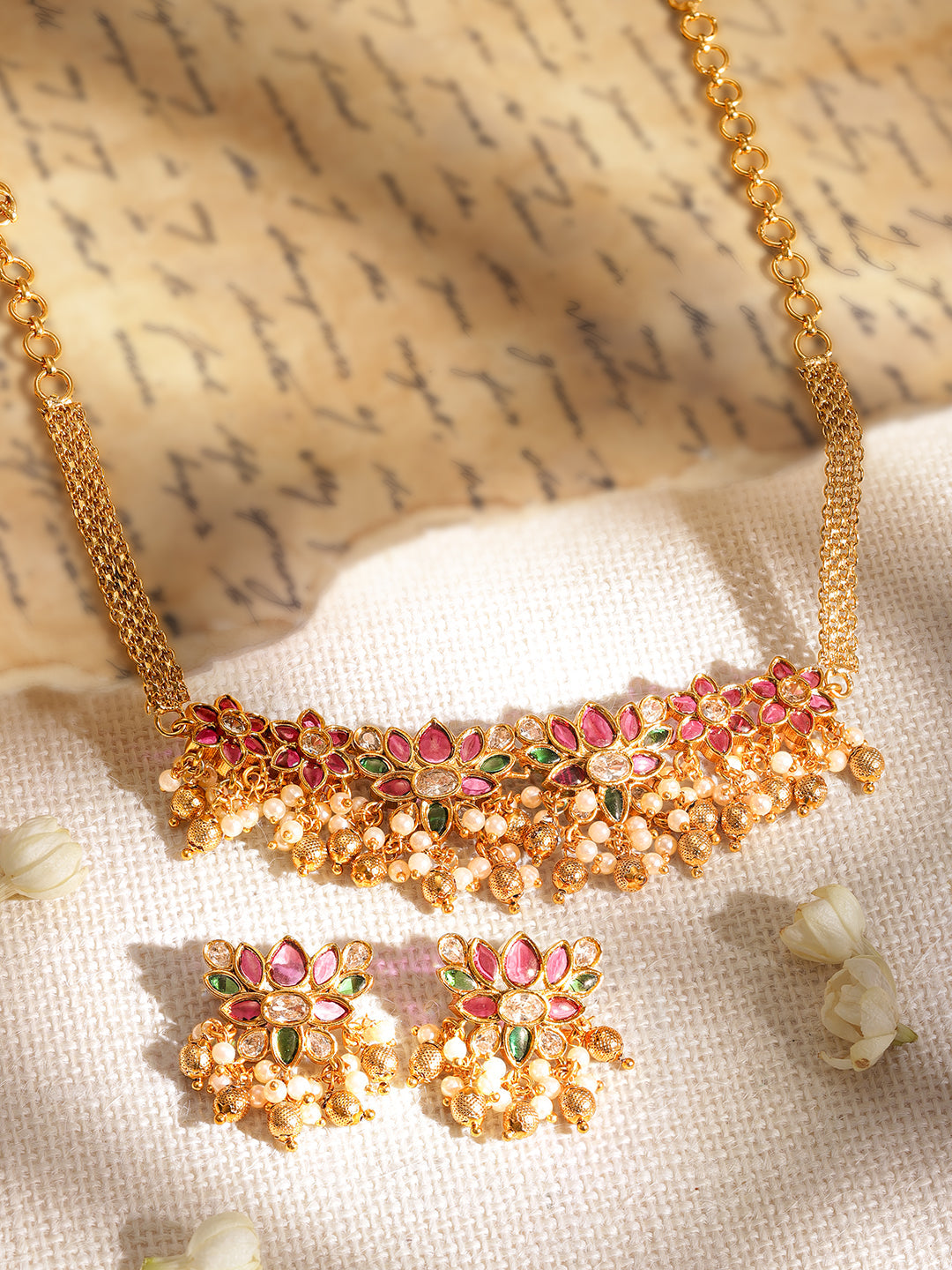 Designer Aura with Green Red Choker Set Gold