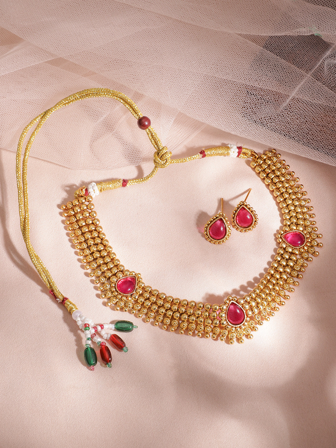 Gold-Tone Ruby Red Studded Necklace Set Pink