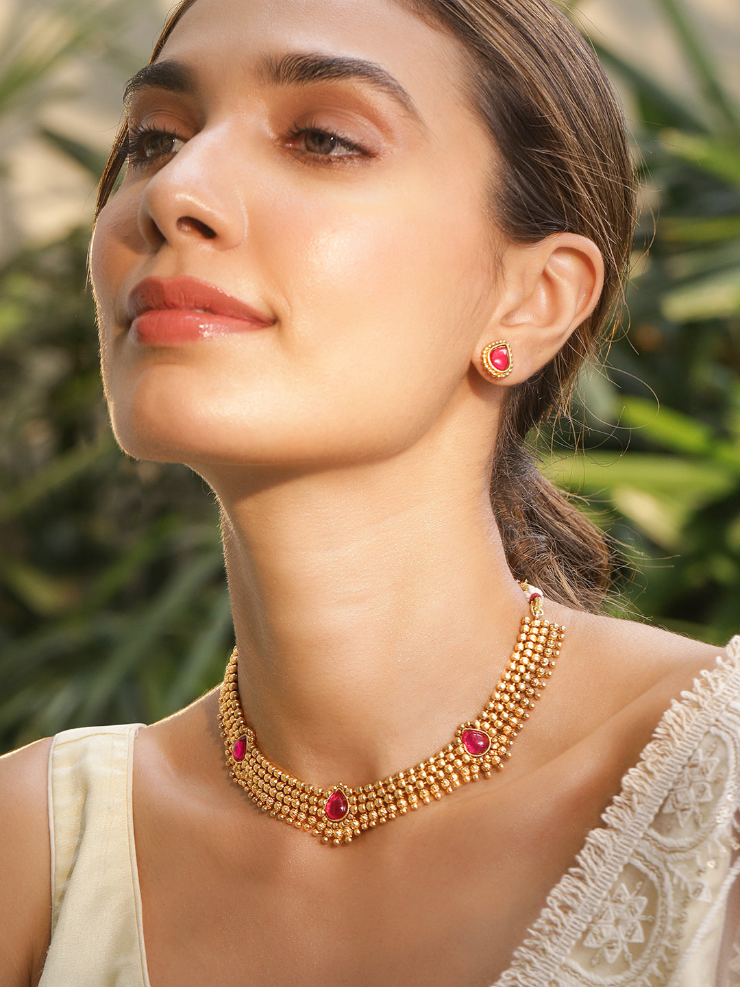 Gold-Tone Ruby Red Studded Necklace Set Pink