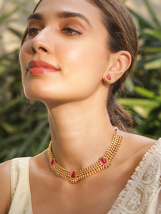 Gold-Tone Ruby Red Studded Necklace Set Green