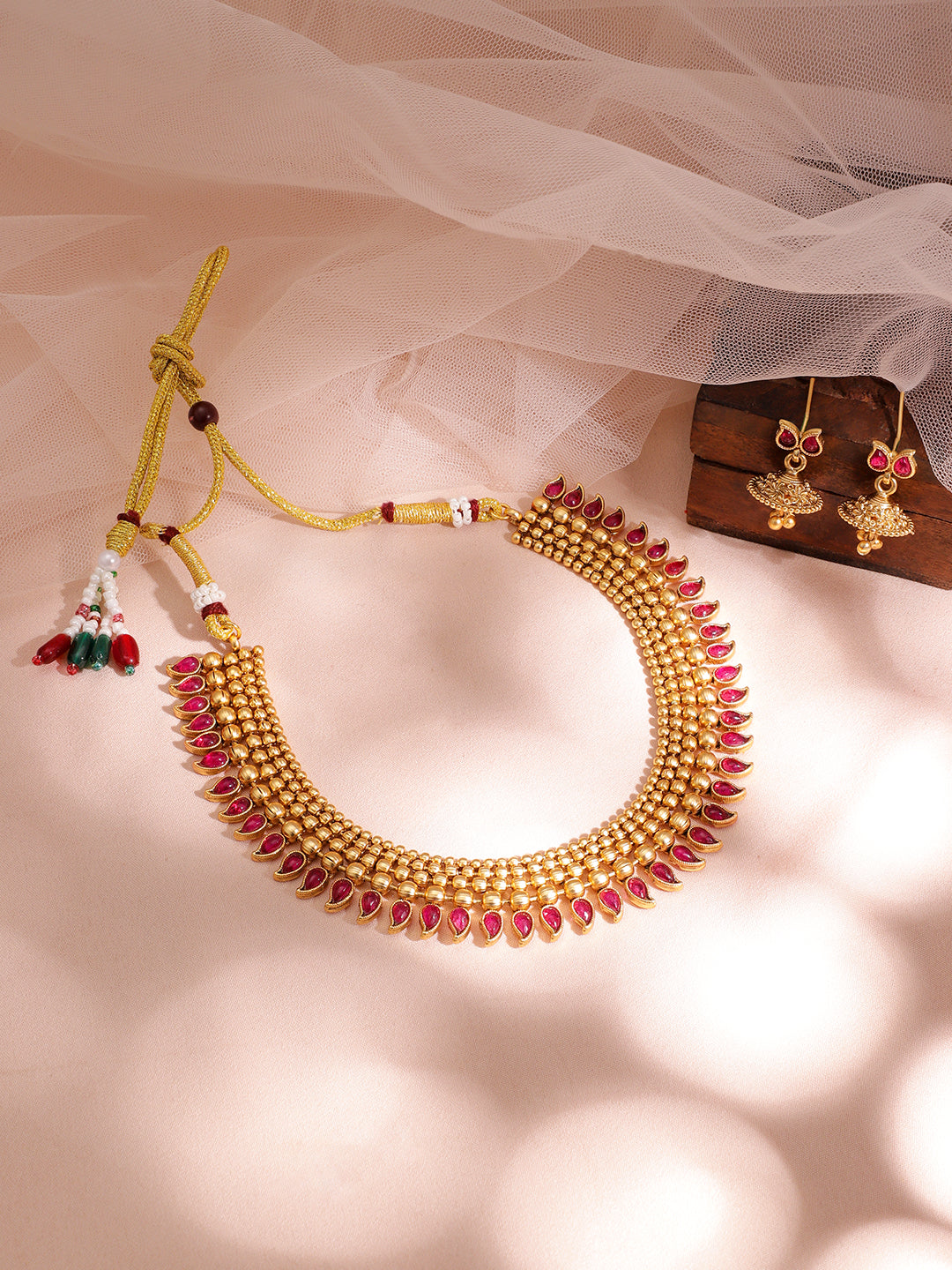 Ruby Studded Gold Necklace Set Red