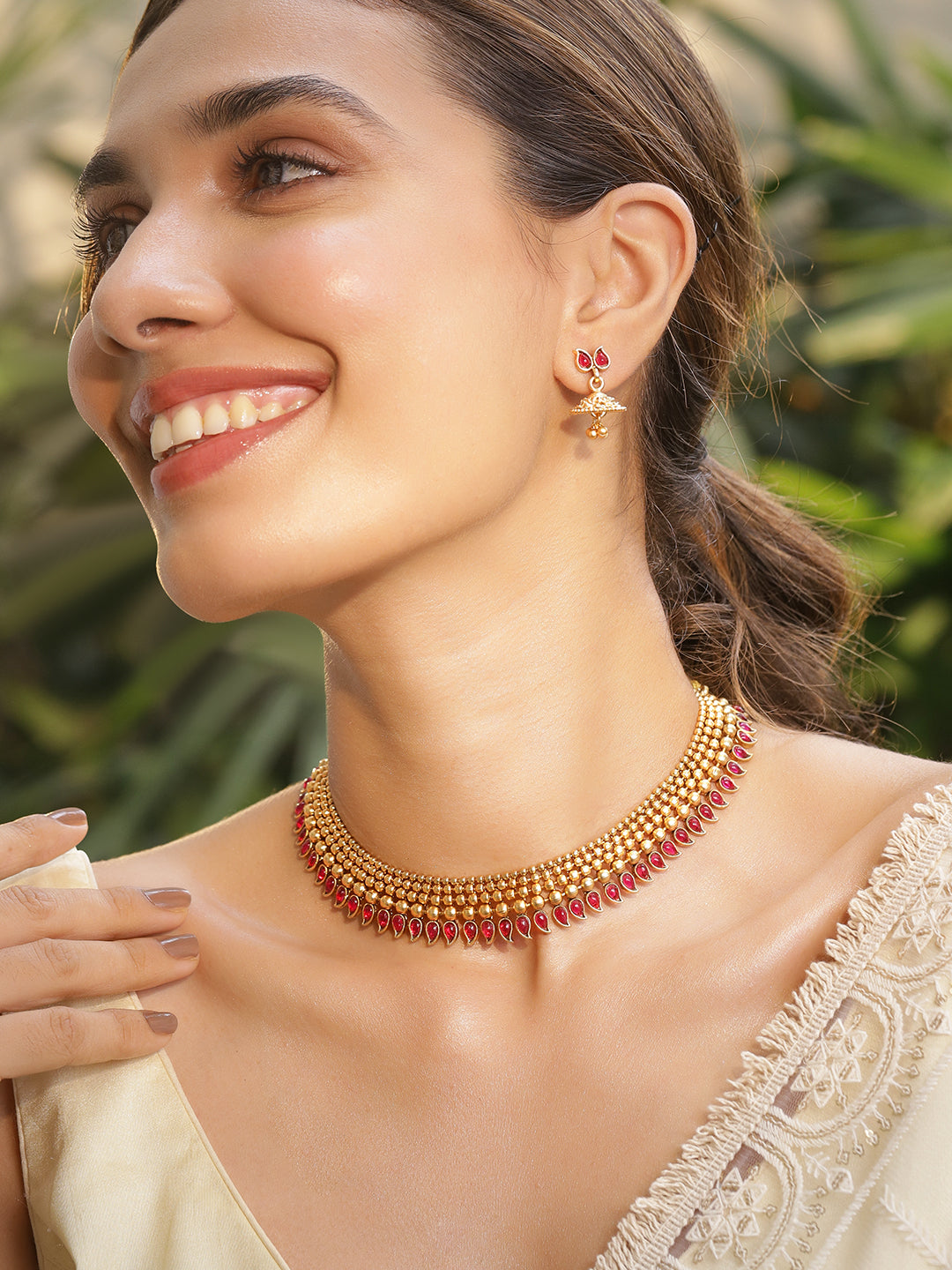 Ruby Studded Gold Necklace Set Red