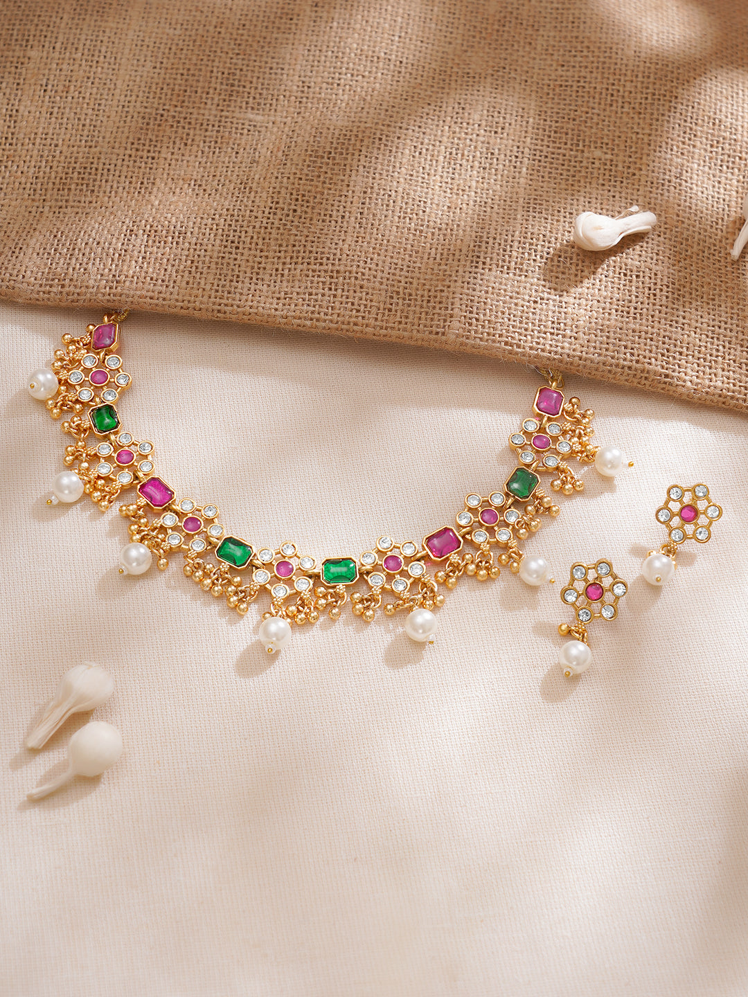 【Rubans】 Floral Edge Necklace Set in Green Pink｜フローラルエッジ ネックレスセット グリーン ピンク｜フリーサイズ